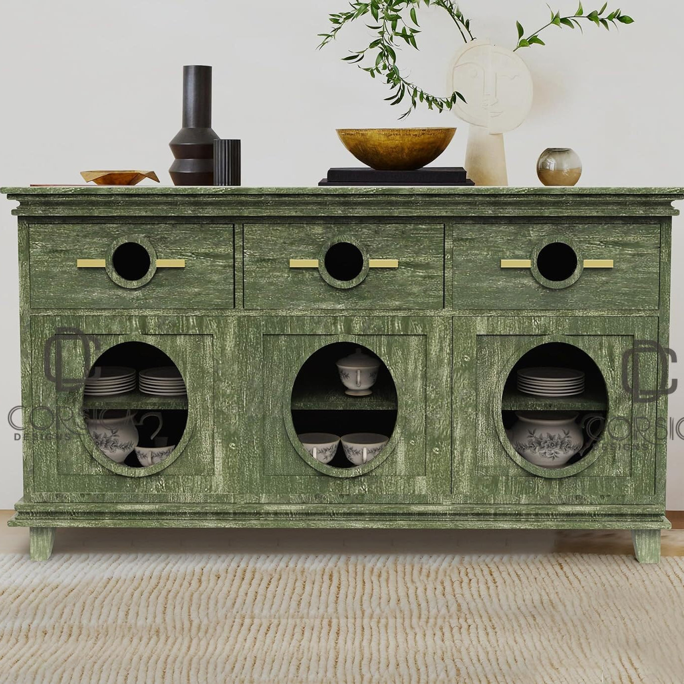 CORSICA DESIGNS | Ethan Wooden Ultra-Wide Crockery Unit | 100% Solid Wood & Clear Glass Sideboard | Storage Cabinet & Chest | Bedroom, Dining & Living Room (Textured Green)