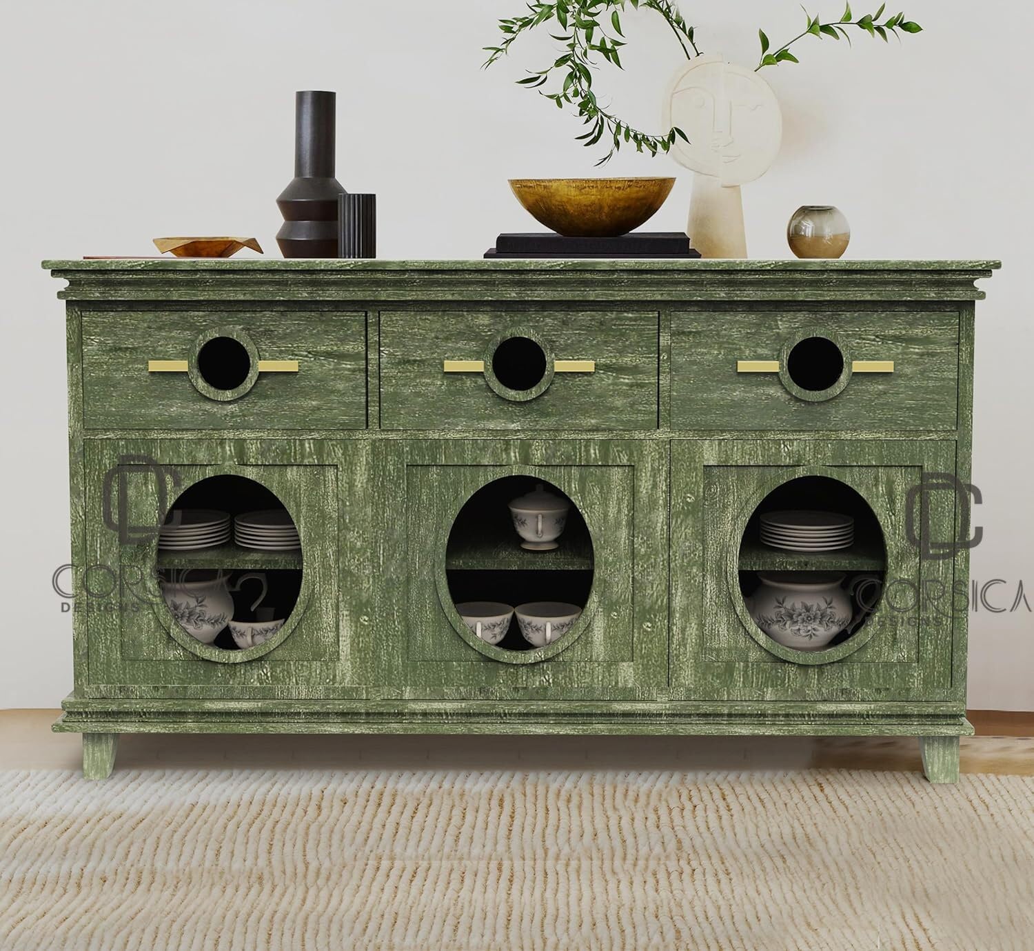 CORSICA DESIGNS | Ethan Wooden Ultra-Wide Crockery Unit | 100% Solid Wood & Clear Glass Sideboard | Storage Cabinet & Chest | Bedroom, Dining & Living Room (Textured Green)