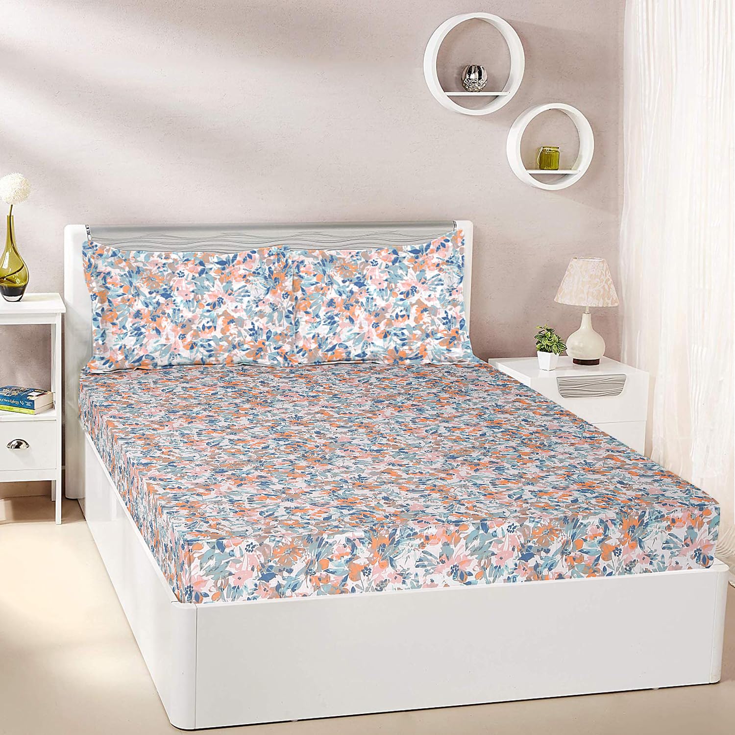 Amazon Brand - Solimo Floral Fantasy 144 TC 100% Cotton King Size Bedsheet with 2 Pillow Covers, White