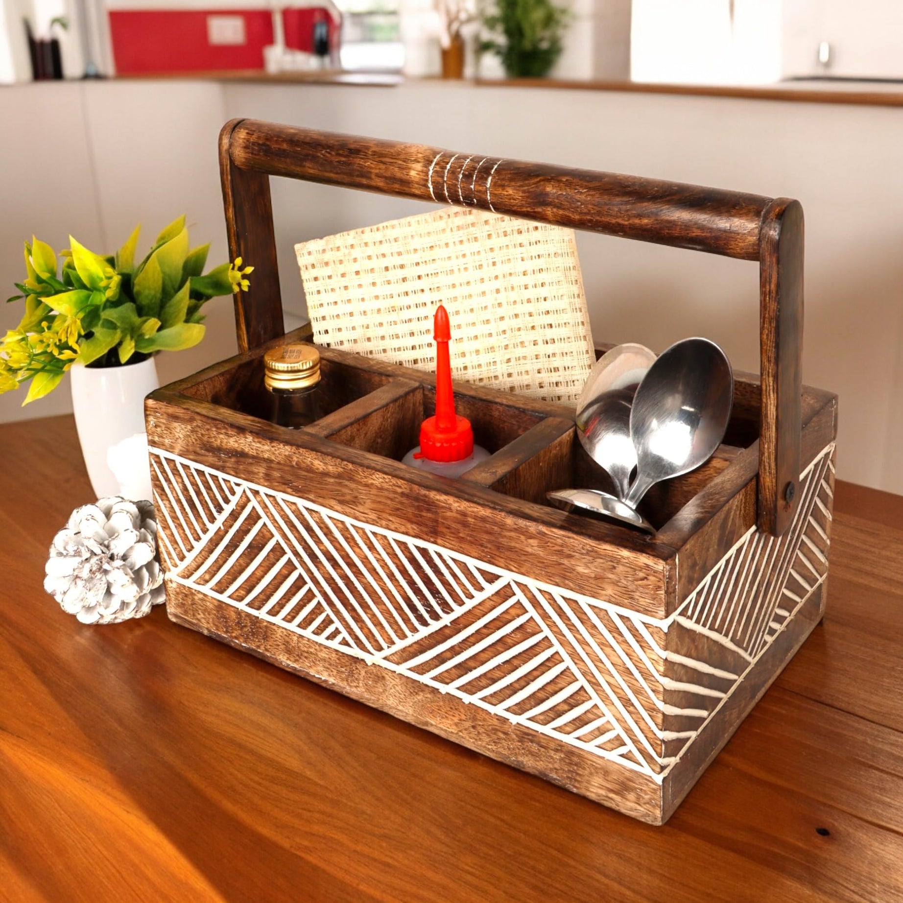 WOOD ART STORE Wooden Rack Holder For Home, Office and Resturant, Multipurpose storage rack, Cutlery Holder, Pen Holder, Napkin Holder 4 Campartment