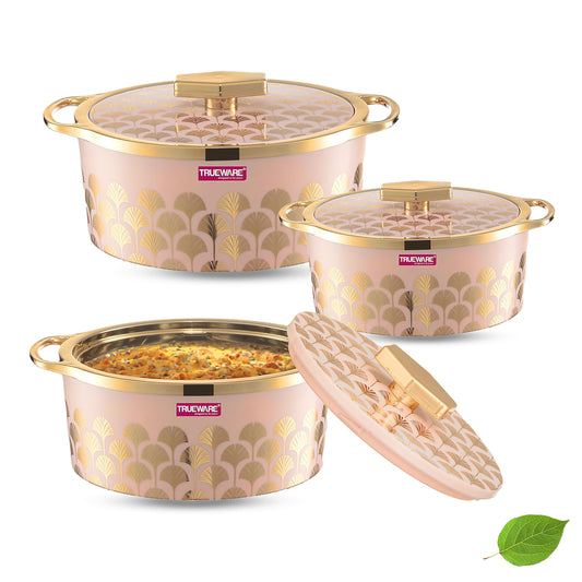 Trueware Floraa Fine Inner Steel Casserole Set of 3, 750,1000 & 1500 ml Pink | PU Insulated | BPA Free | Odour Proof | Food Grade | Ideal for Chapatti | Roti | Curd Maker | Thermoware | Hot Pot