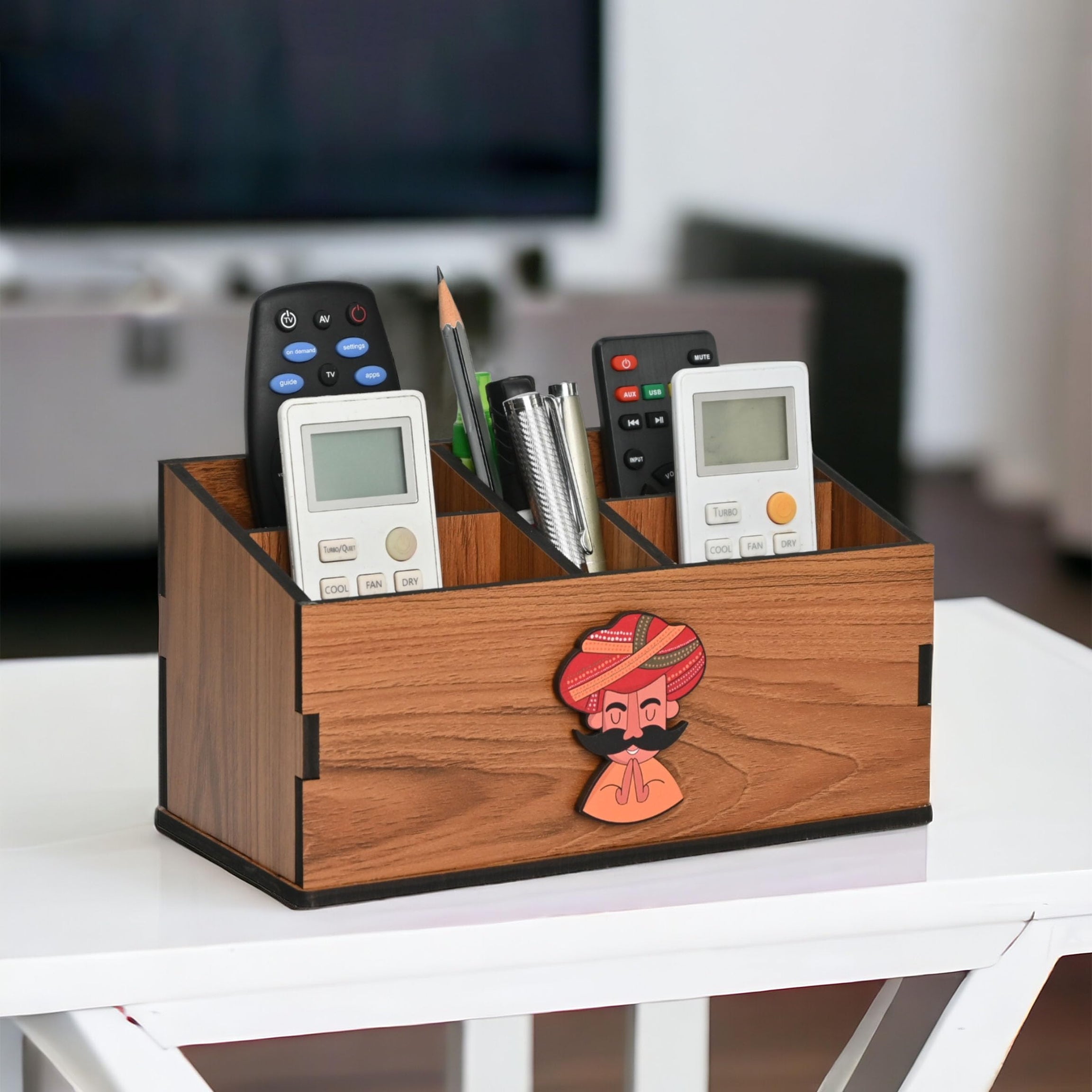 Gift Kya De GKD wooden Remote Stand with 5 Sections | Remote Holder for Living Room, TV, and AC | Stationary Organizer | 5 in 1 | Ideal for Home and Office (Brown Rajasthan)