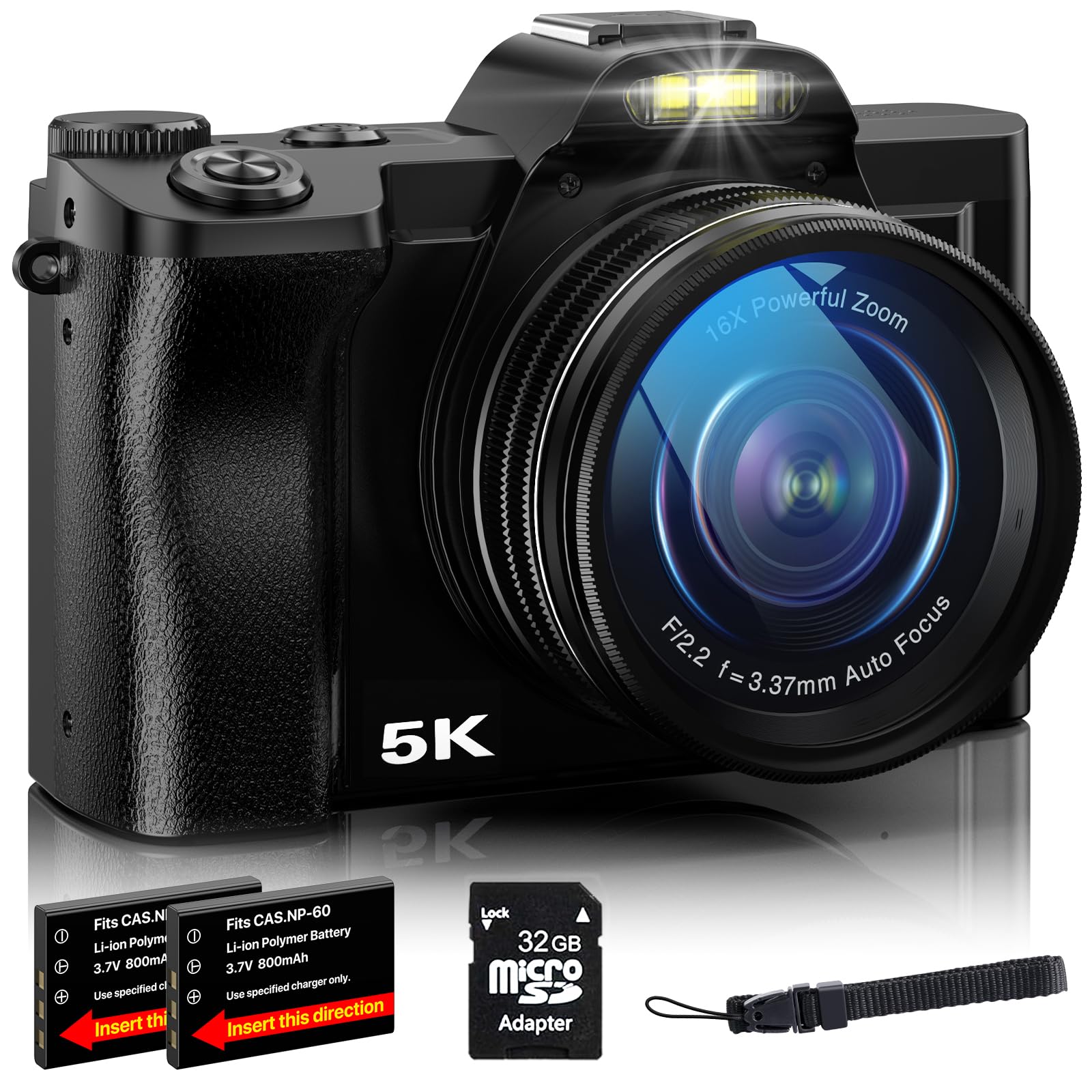 5K Digital Camera, WiFi Camera for Vlogging with 32G SD Card, 48MP Autofocus Cameras for Photography Travel Camera Point and Shoot Digital Cameras with UV Filter 16x Digital Zoom and 2 Batteries