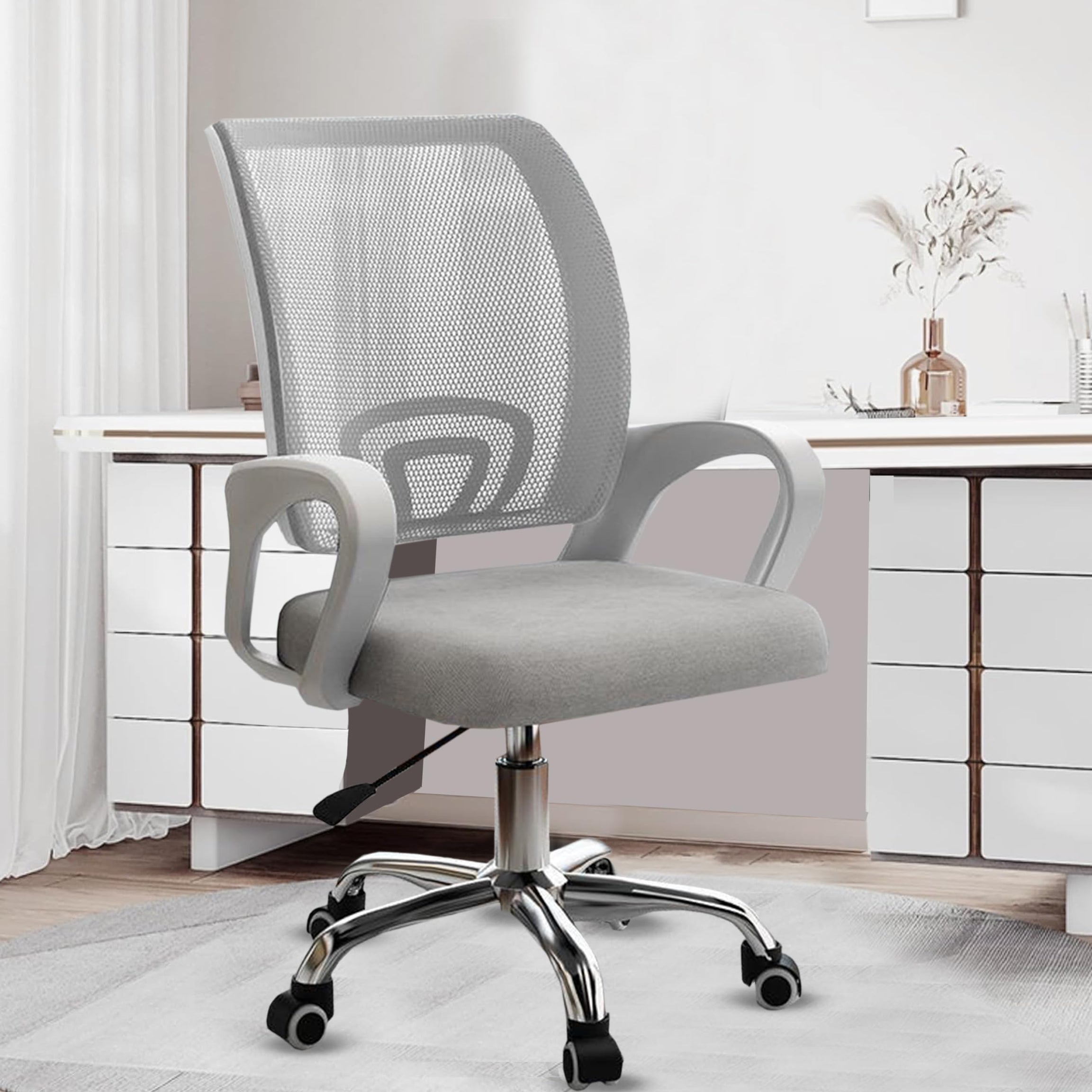 Casa Copenhagen Mesh Mid Back Office Chair/Study Chair/Computer Chair/Revolving Chair/Desk Chair for Work from Home -Metal Base, Height Adjustable Seat - Grey & White Handle