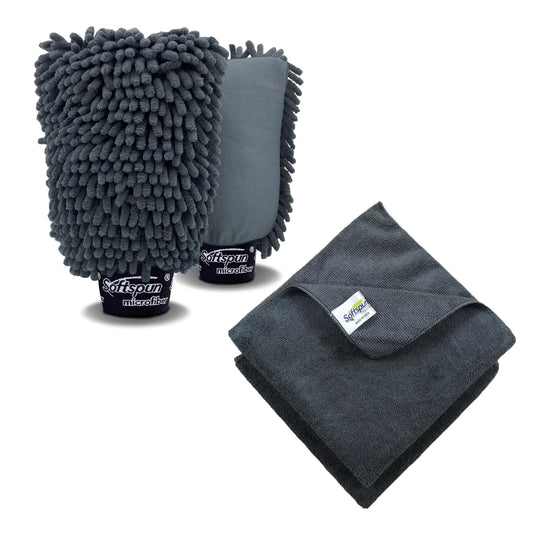 SOFTSPUN Microfiber Chenille & Single-Side Gloves 1700 GSM with Towel 340 GSM, 4 Piece, Grey, Multi-Purpose Super Absorbent and Perfect Wash Clean with Lint-Scratch Free Car, Dusting!