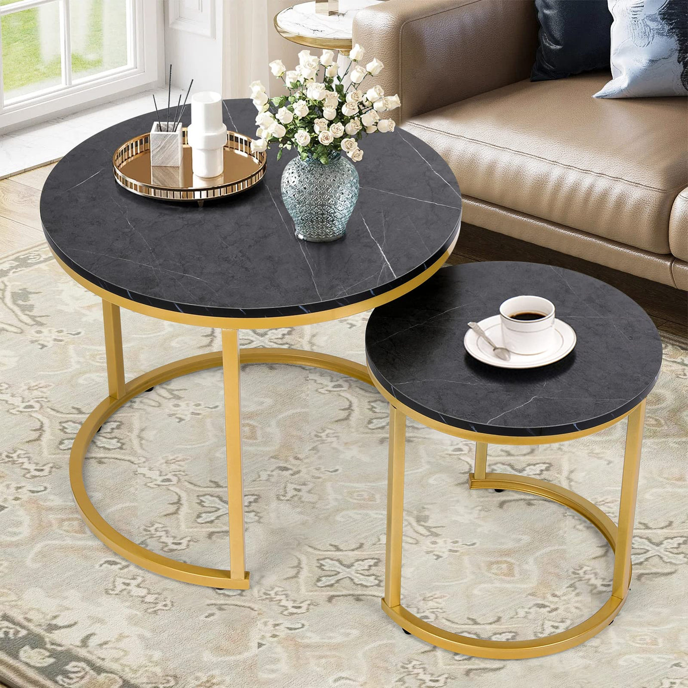 VOWNER Coffee Tables For Living Room-Small Round Coffee Table Set Of 2,Center Table With Solid Wood Grain Table Top&Sturdy Metal Frame,Nesting Tables For Small Spaces,Easy To Assemble,Black Marble