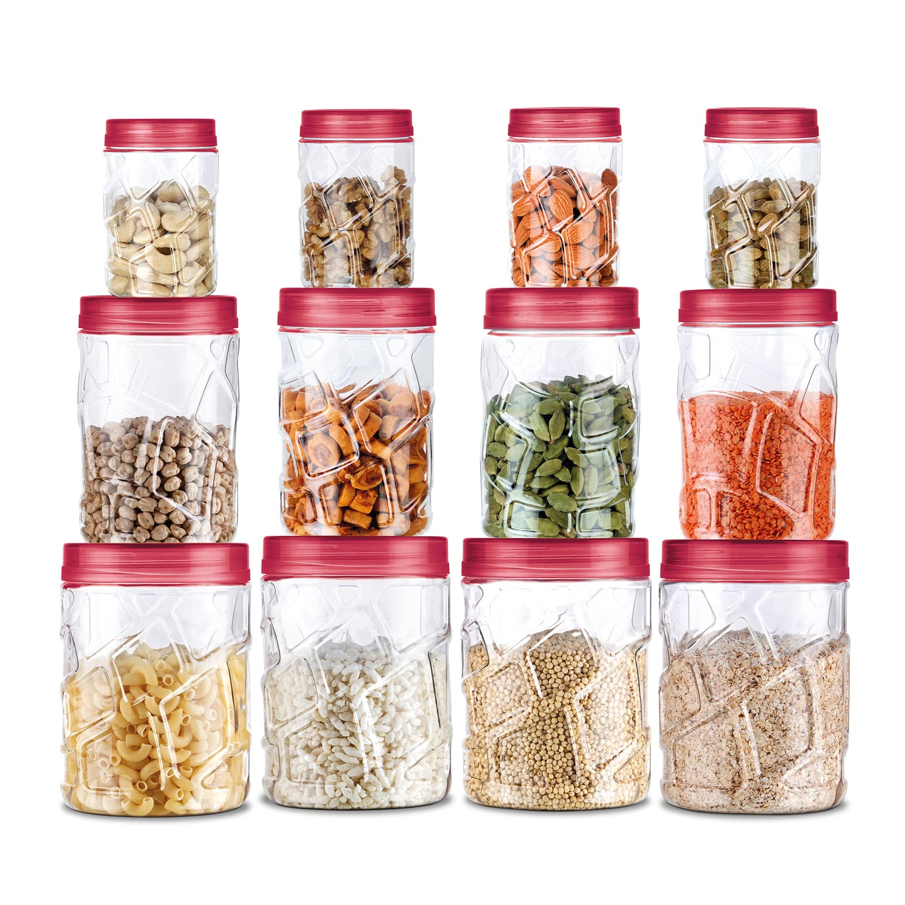 MILTON Vitro Plastic Pet Storage Jar and Container, Set of 12 (4 pcs x 270 ml Each, 4 pcs x 665 ml Each, 4 pcs x 1.24 ltrs Each), Red Wine | Air Tight | Kitchen Organiser | BPA Free