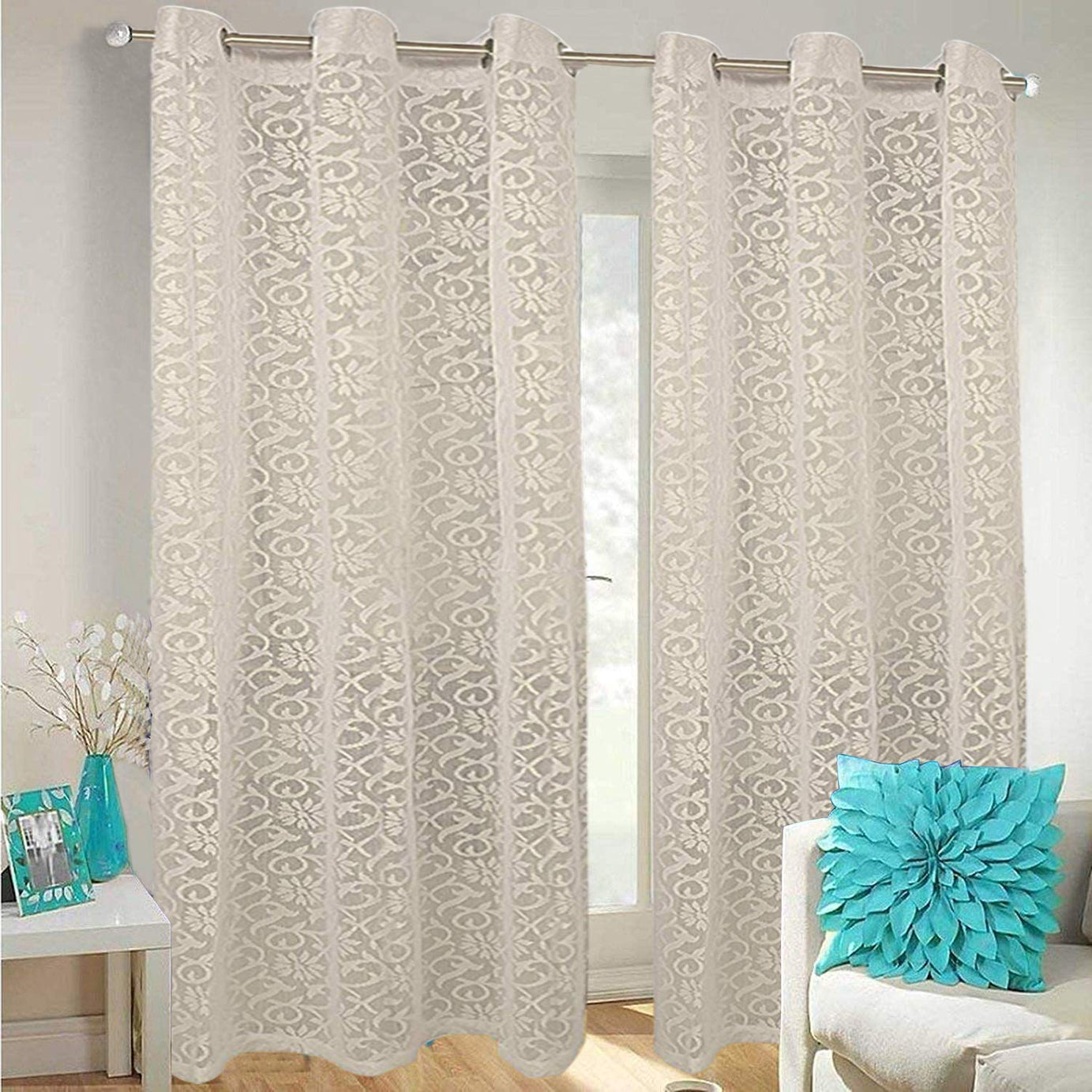 Kuber Industries Flower Design 2 Pieces Sheer Door Curtains Linen Look Semi Transparent Voile Elegance Curtains for Living Dining Room|Bedroom Drapes 48 x 84 Inch Long (Cream) Floral,Grommet Curtains