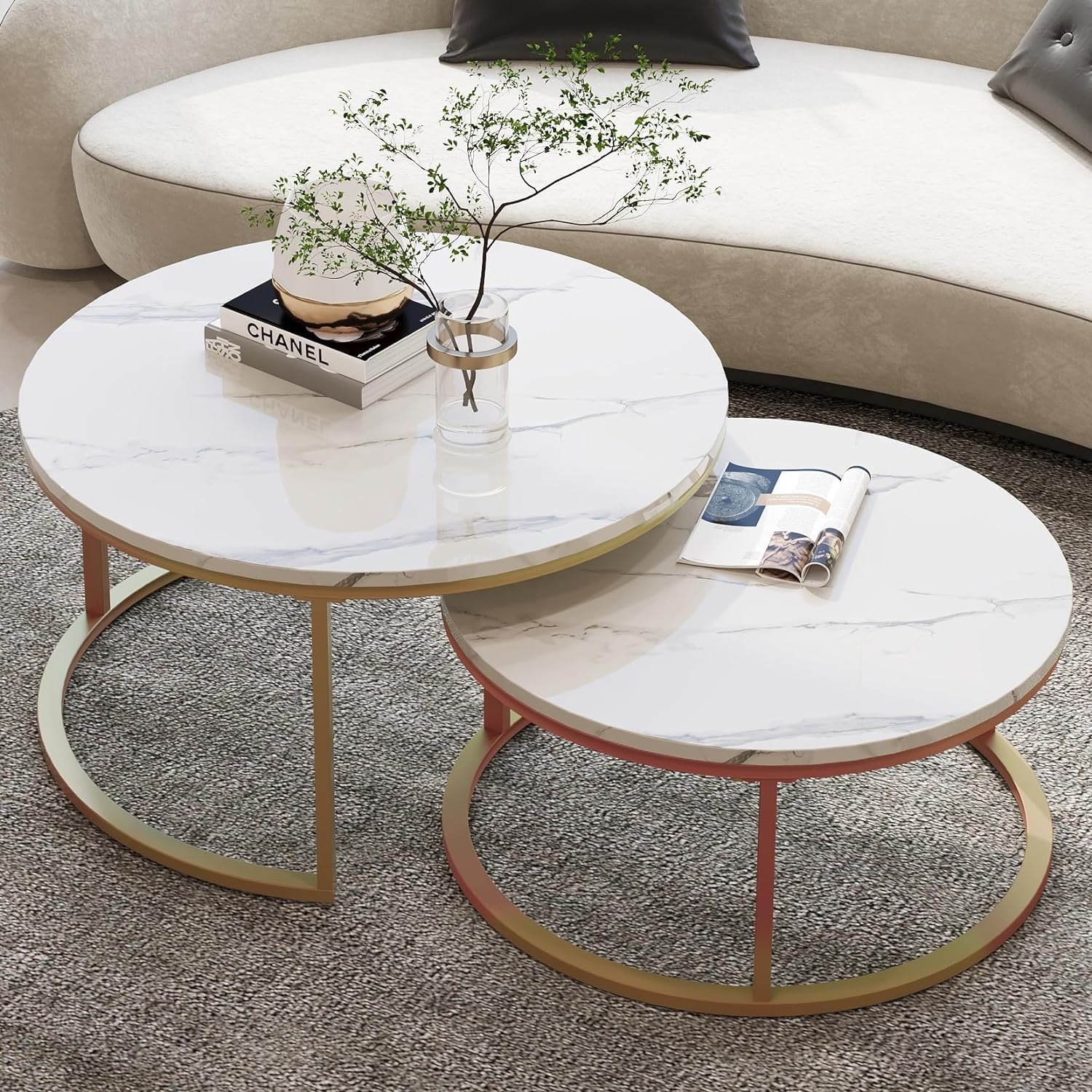 ObalTure Modern Nesting Coffee Table Set of 2, Round Accent Coffee Table with Faux Marble Pattern Wood Top & Gold Metal Frame for Living Room Office Balcony Gold & White