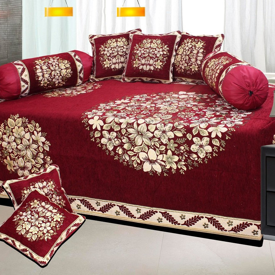 FRESH FROM LOOM Diwan Set Covers 500 Tc Floral Design Premium Red Chenille Diwan Set - 8Pc Set, Maroon