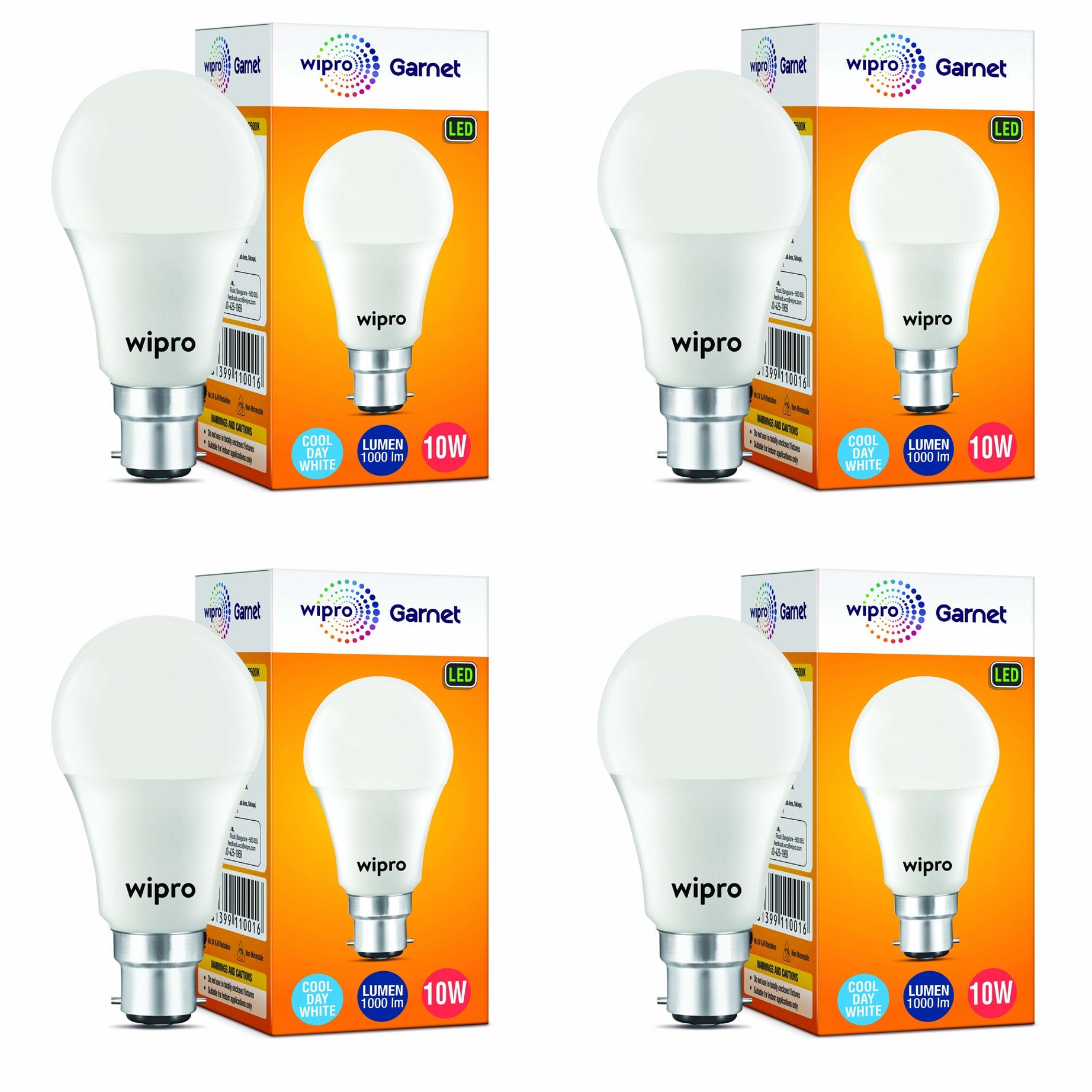 Wipro Garnet 10W LED Bulb for Home & Office |Cool Day White (6500K) | B22 Base|220 degree Light coverage |4Kv Surge Protection |400V High Voltage Protection |Energy Efficient | Pack of 4