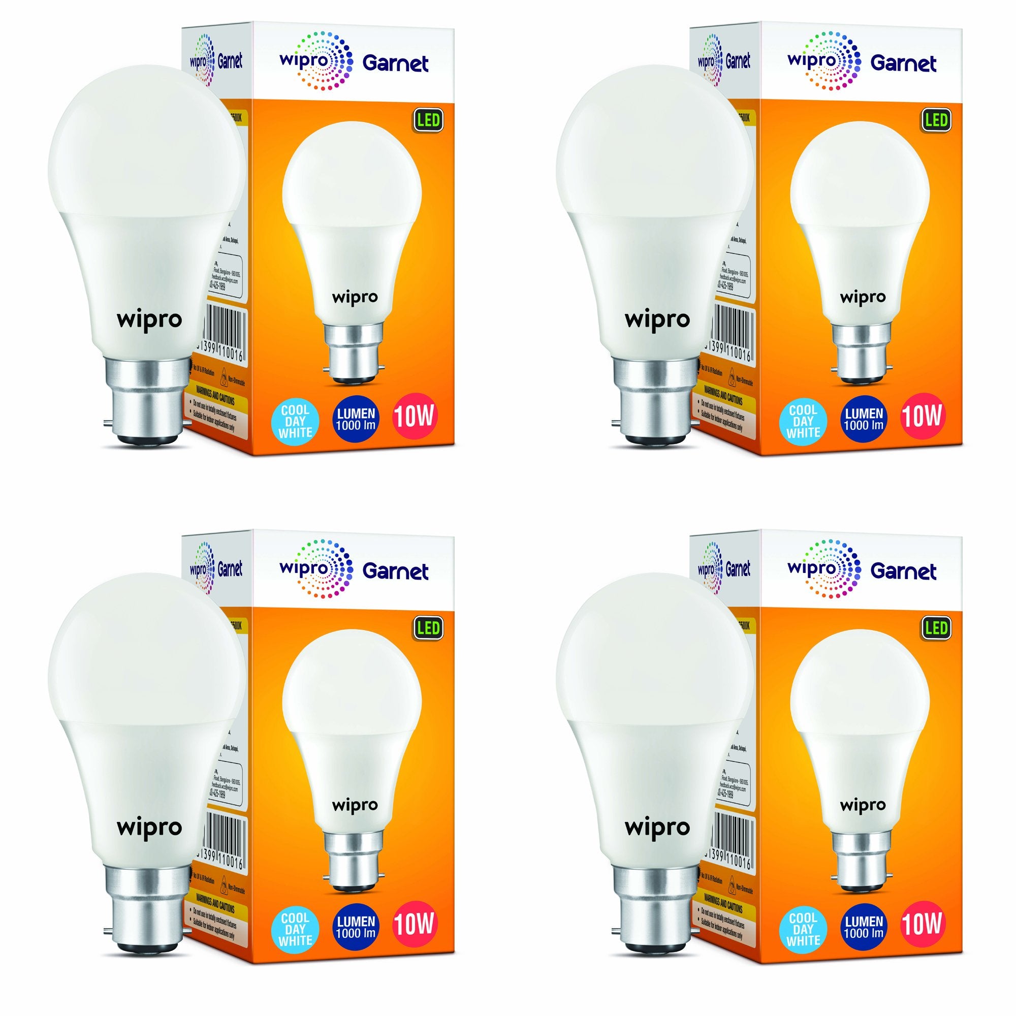 Wipro Garnet 10W LED Bulb for Home & Office |Cool Day White (6500K) | B22 Base|220 degree Light coverage |4Kv Surge Protection |400V High Voltage Protection |Energy Efficient | Pack of 4