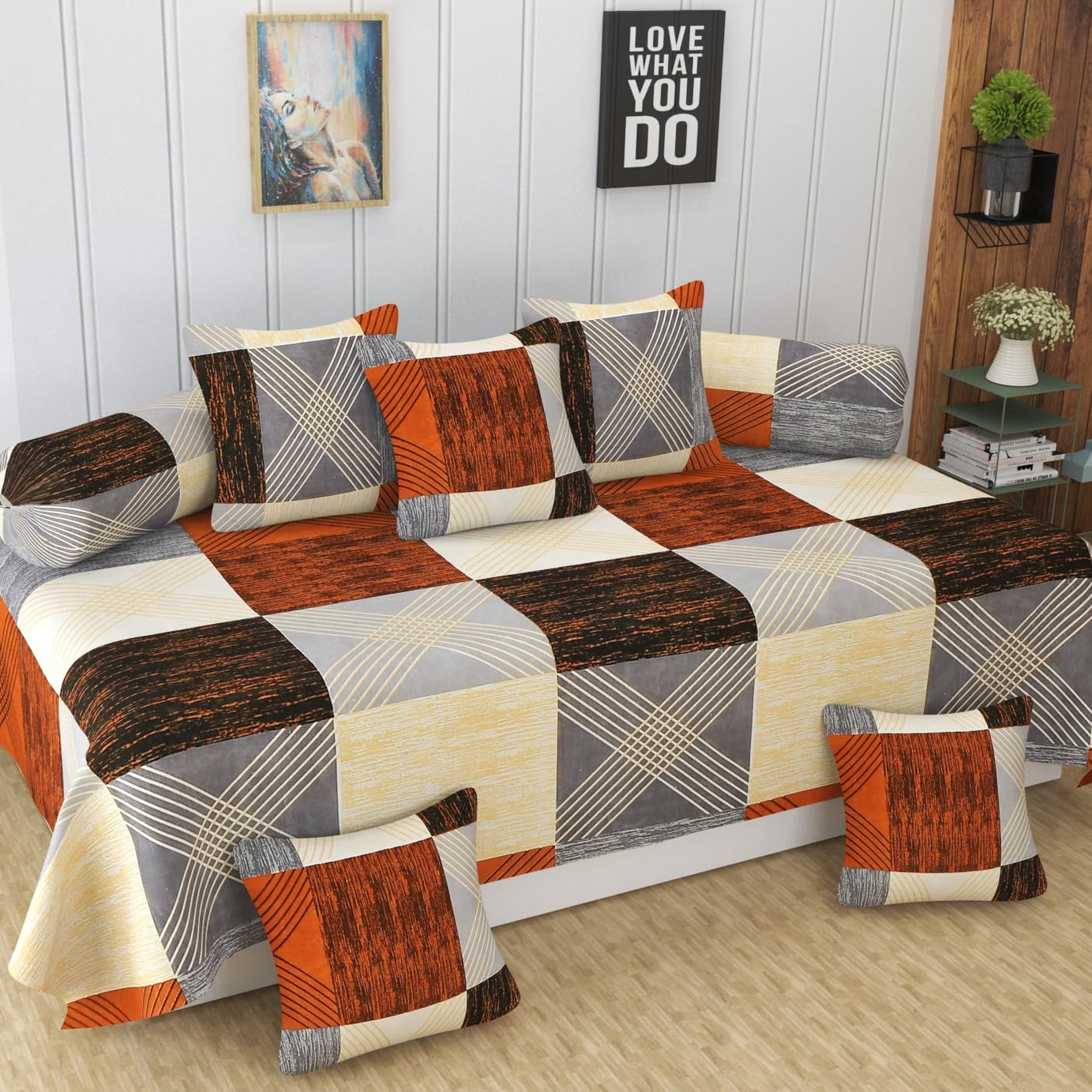 Homefab India 144 TC Cotton 8 Piece Diwan Set - Checks, Multi