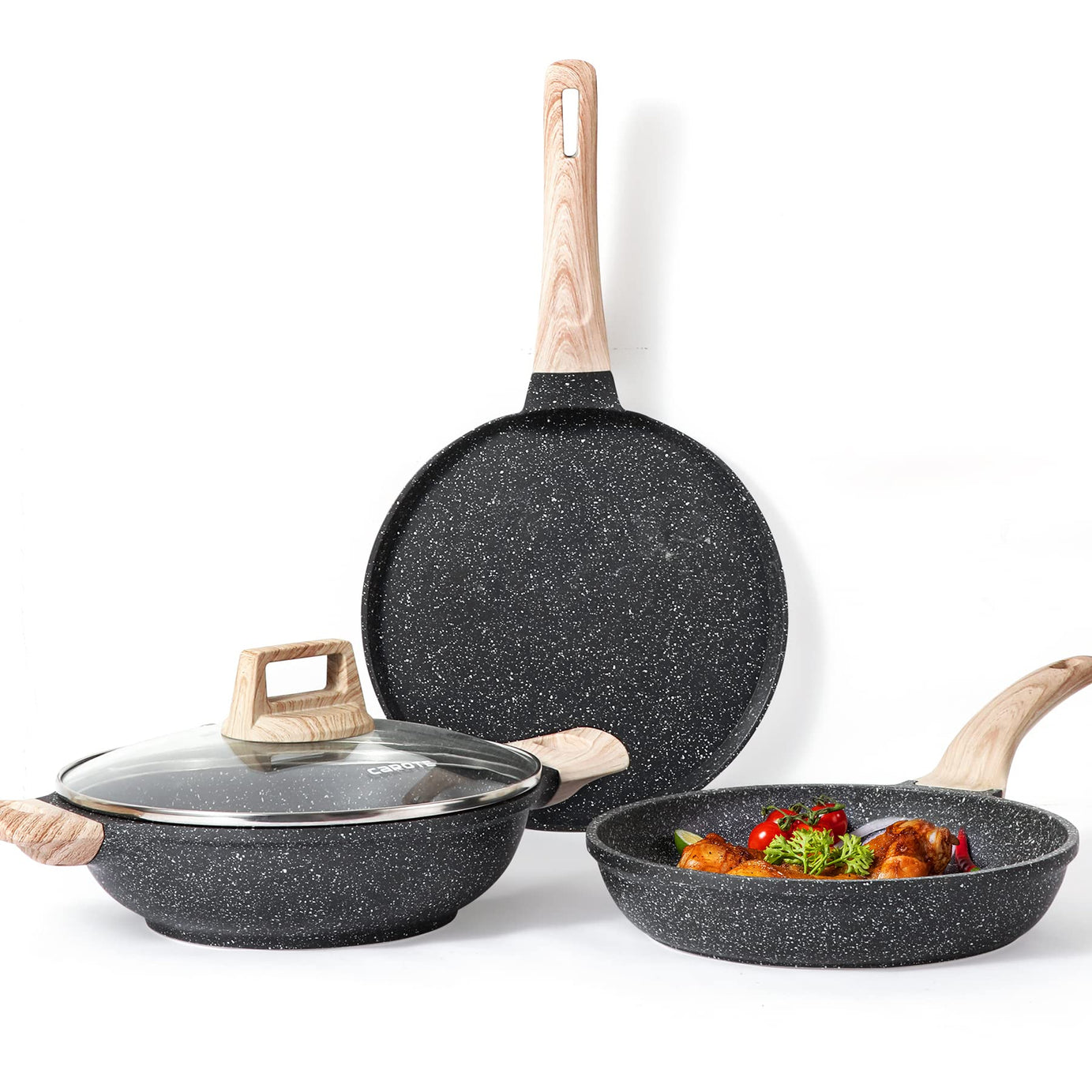 CAROTE Non Stick Set Combo, Nonstick Cookware Set, Induction&Gas Pan Set, Kitchen Set for Home, Cooking Set of 3 (24CM/1.6L Granite Frying Pan+28CM Dosa Tawa+28CM/3.8L Kadai)