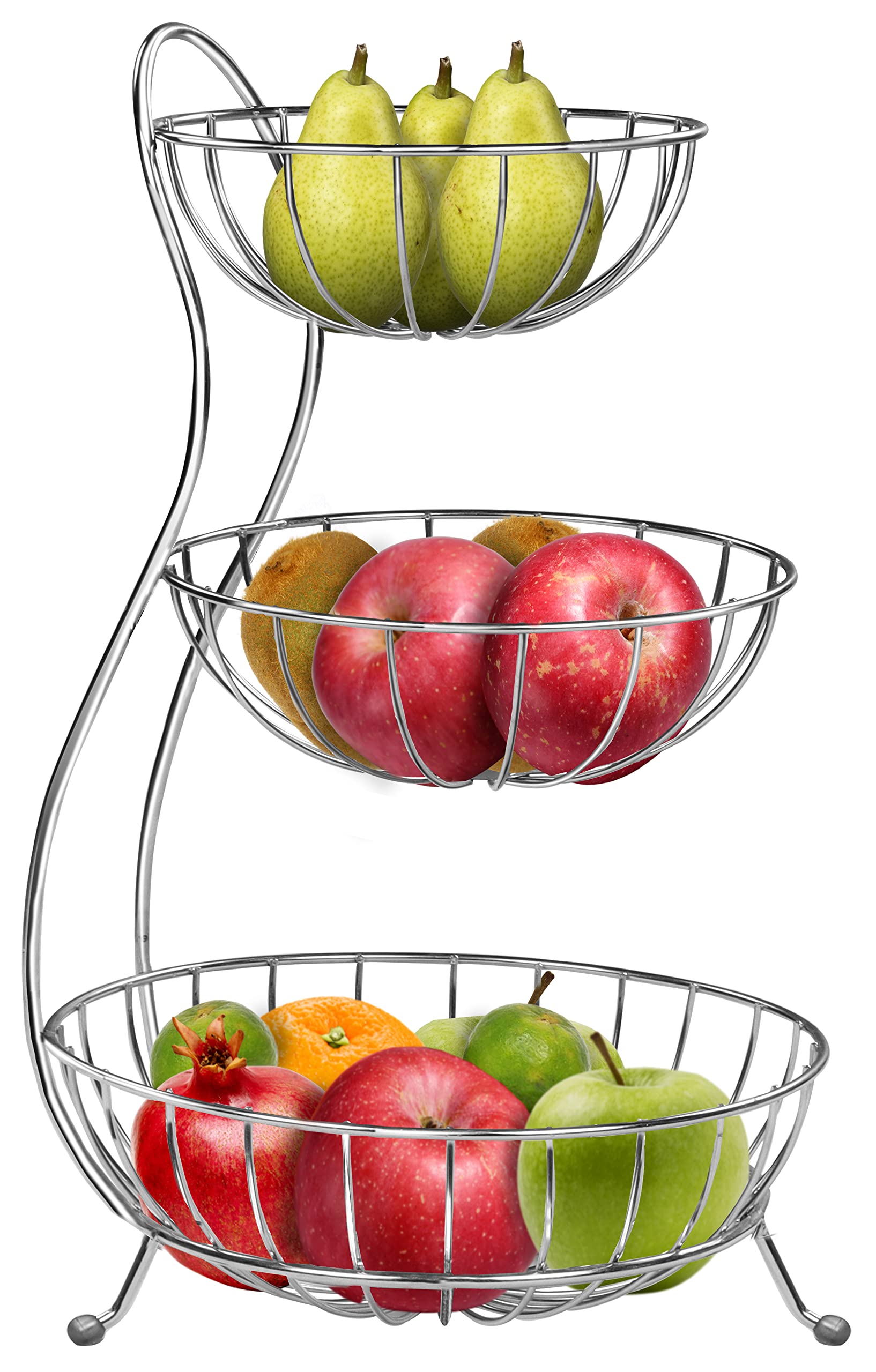 Plantex Elegant High Grade Stainless Steel 3-Tier Fruit & Vegetable Basket for Dining Table/Kitchen-Big Size(Chrome), Solid