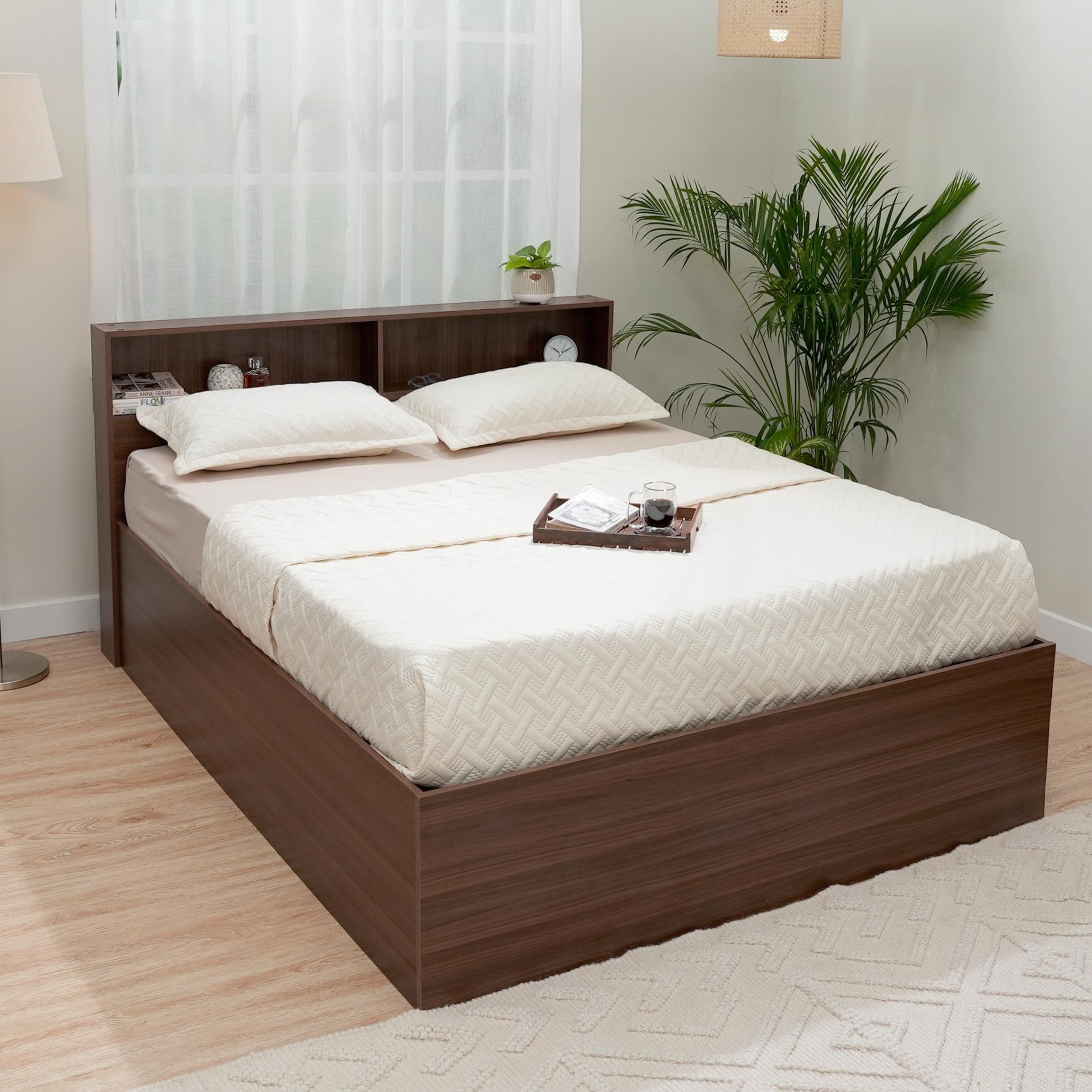 Amazon Brand - Solimo Neptune Queen Engineered Wood Regular Bed with Storage (Walnut Finish, Brown)