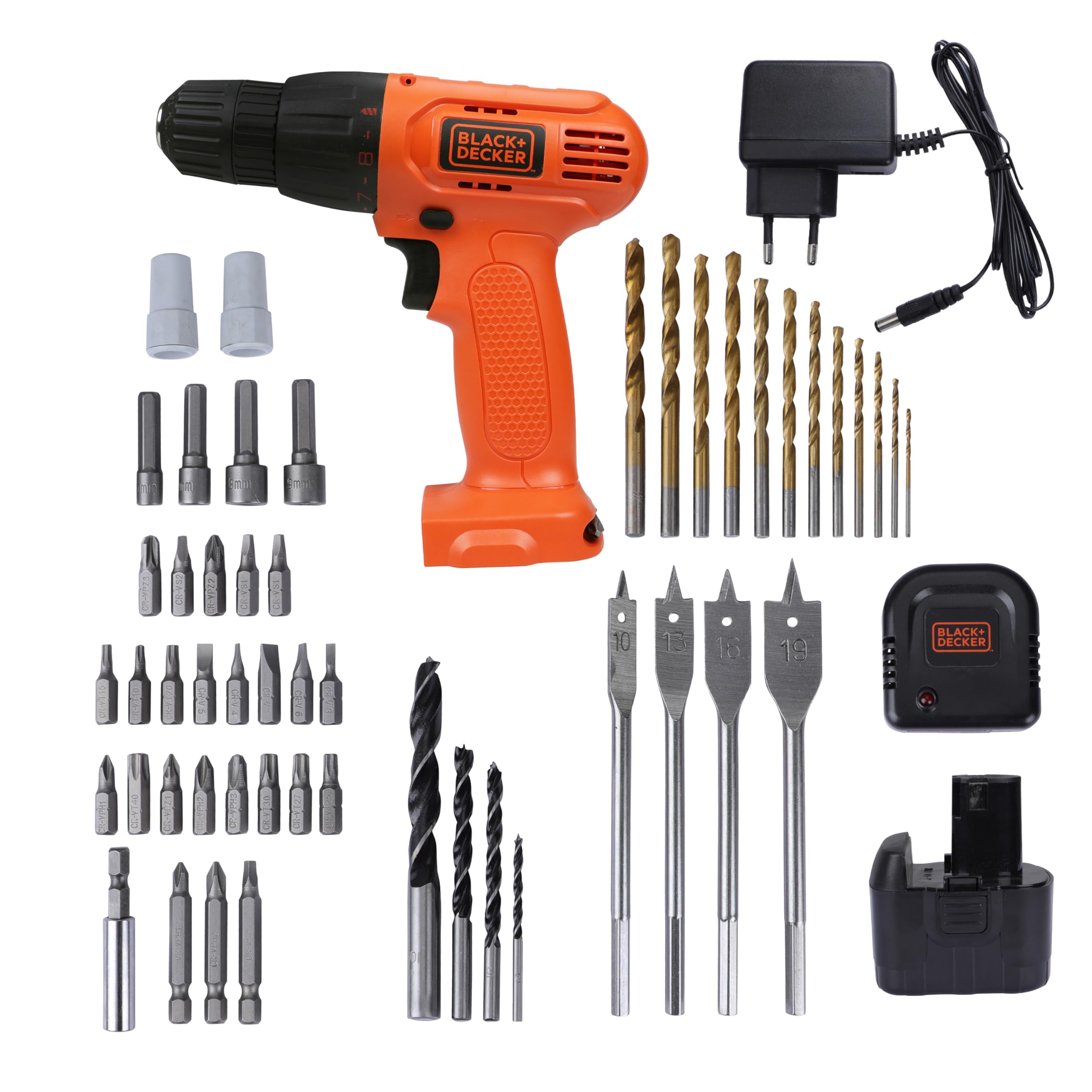 BLACK+DECKER CD121K50 12V 10mm 1.3 Ah Li-ion Cordless Drill Machine Driver with Multi-Torque Clutch, Keyless Chuck & 50 Accessories Kitbox for Wood, Metal & Concrete, 1 Year Warranty, ORANGE & BLACK