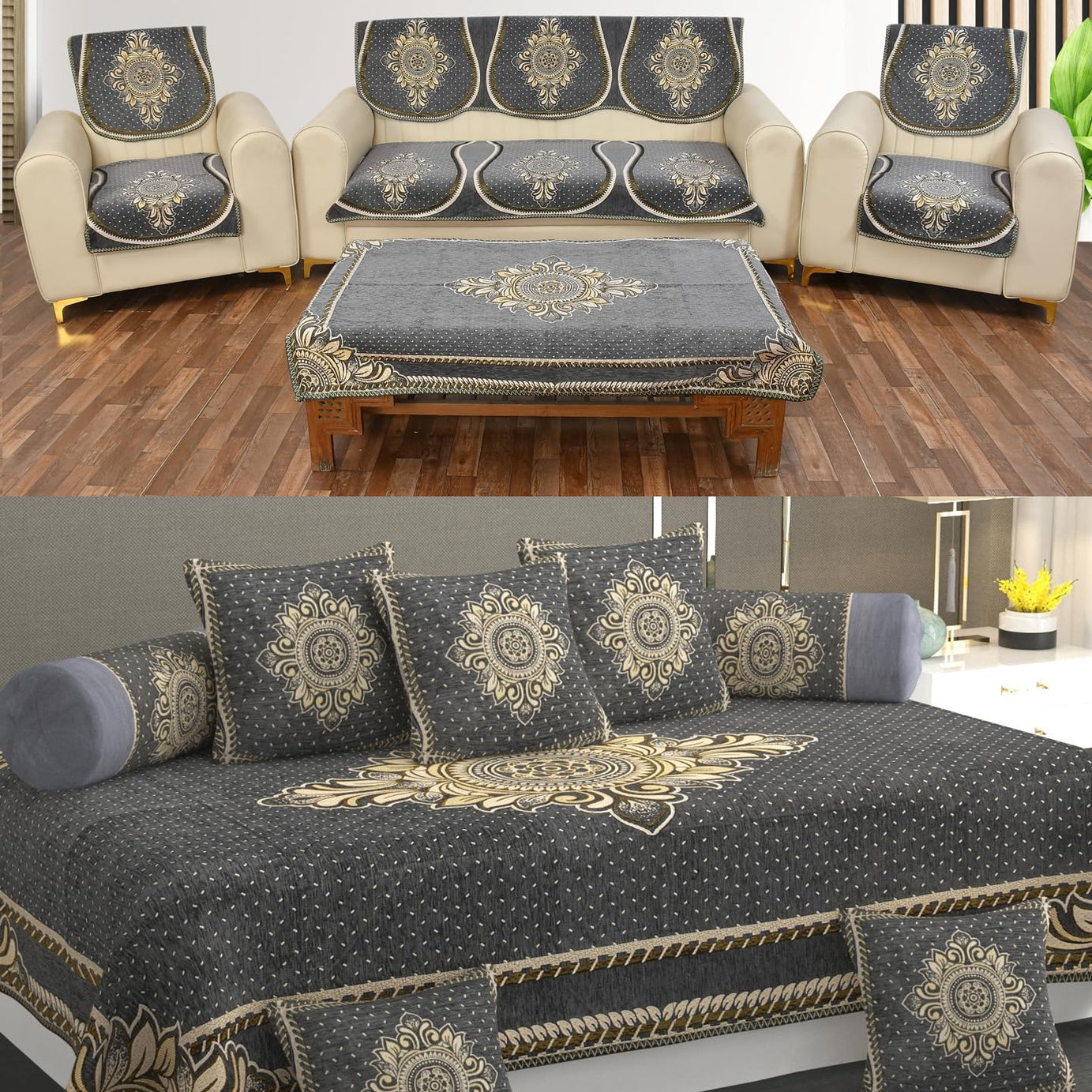 MULTITEX Heavy Chenille Velvet Sofa Cover with diwan Set and Table Cover Combo Set of 19 ps-Grey