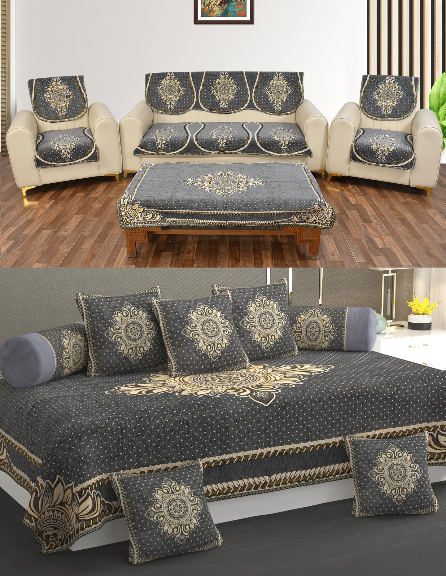 MULTITEX Heavy Chenille Velvet Sofa Cover with diwan Set and Table Cover Combo Set of 19 ps-Grey