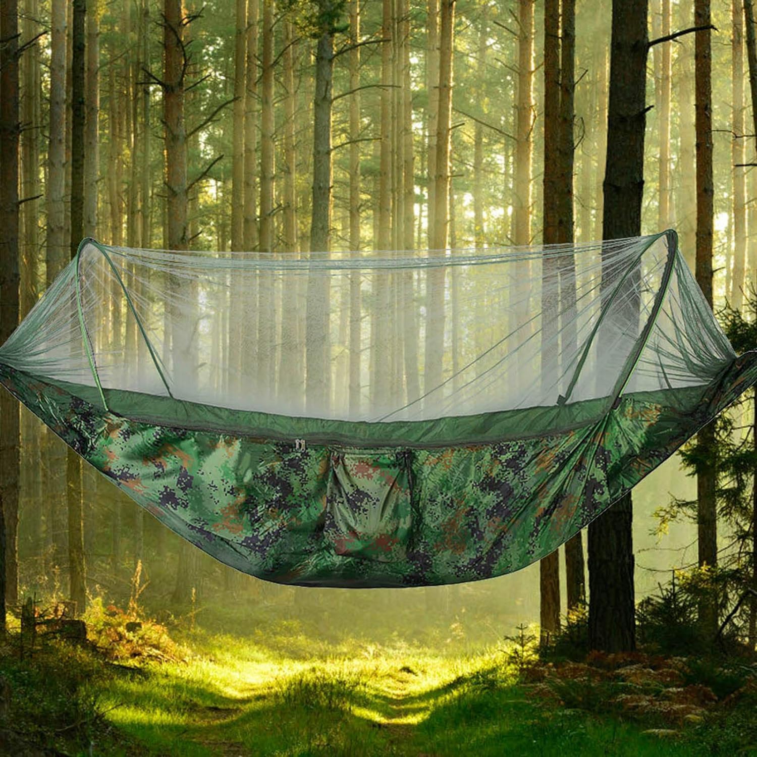 Oriley Camping Hammock with Mosquito Net & Carabiner 200-300 Kg Load Capacity Nylon Portable Windproof Hanging Swing for Outdoor Hiking Backpacking - Army Green