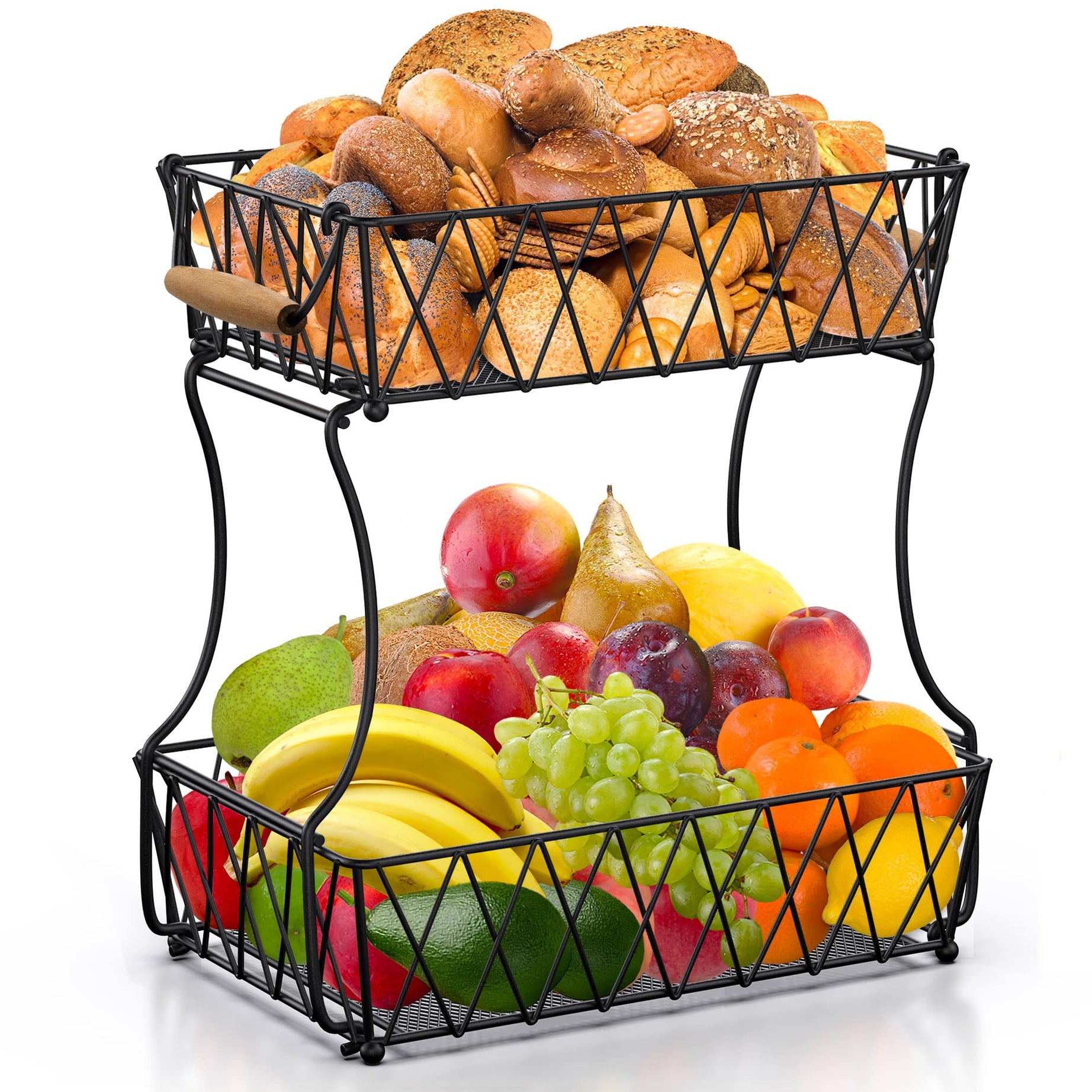 2 Tier Fruit Basket for Kitchen, Tiered Fruit Basket Kitchen Countertop Organizer Bread Vegetable Storage Wire Metal Bowl with Banana Hanger Holder Stand Detachable Counter Decor Black Farmhouse