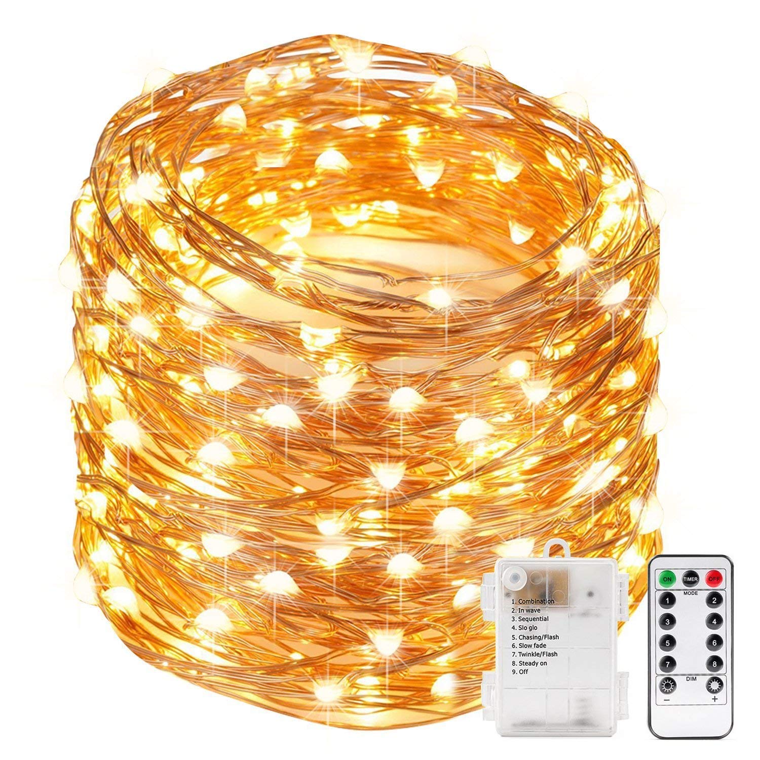 Xergy 100 Led String Fairy Light Powered by Battery Box And Remote, 8 Mode Functions Copper Wire Lights with battery for Home Decoration Valentine Birthday (Warm White) Battery not included, 10 meters