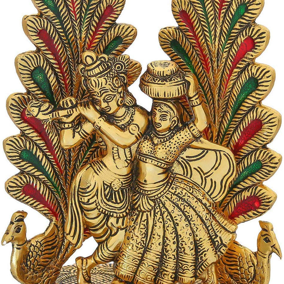 Collectible India Peacock Design Radha Krishna Idol Showpiece with Diya for Puja and Home Decor (8 x 6 Inches), Metal, Gold (1 Piece)