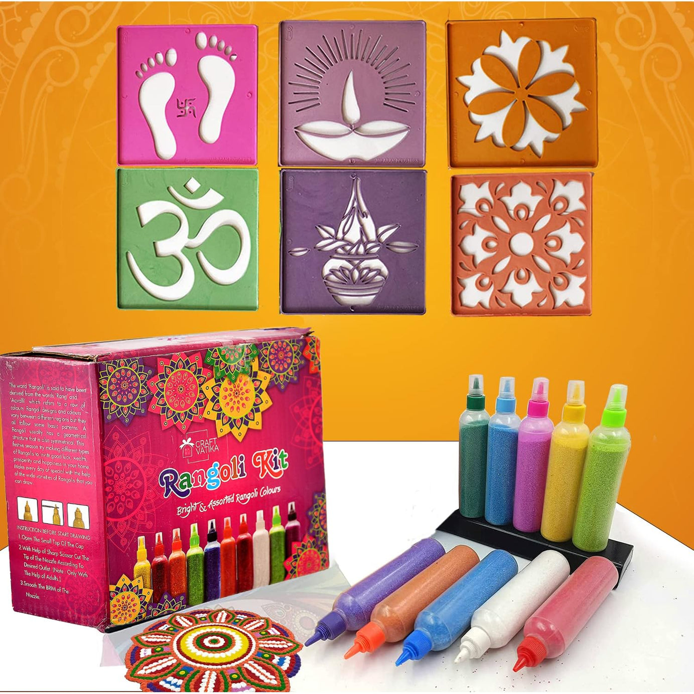 CraftVatika Rangoli Colour Powder Tube Kit with Stencil, Diwali Decoration Items Bottles Tool Floor Art Rang for Home Pongal Pooja Mandir Decor (6 Stencil, 10 Rangoli Bottles)