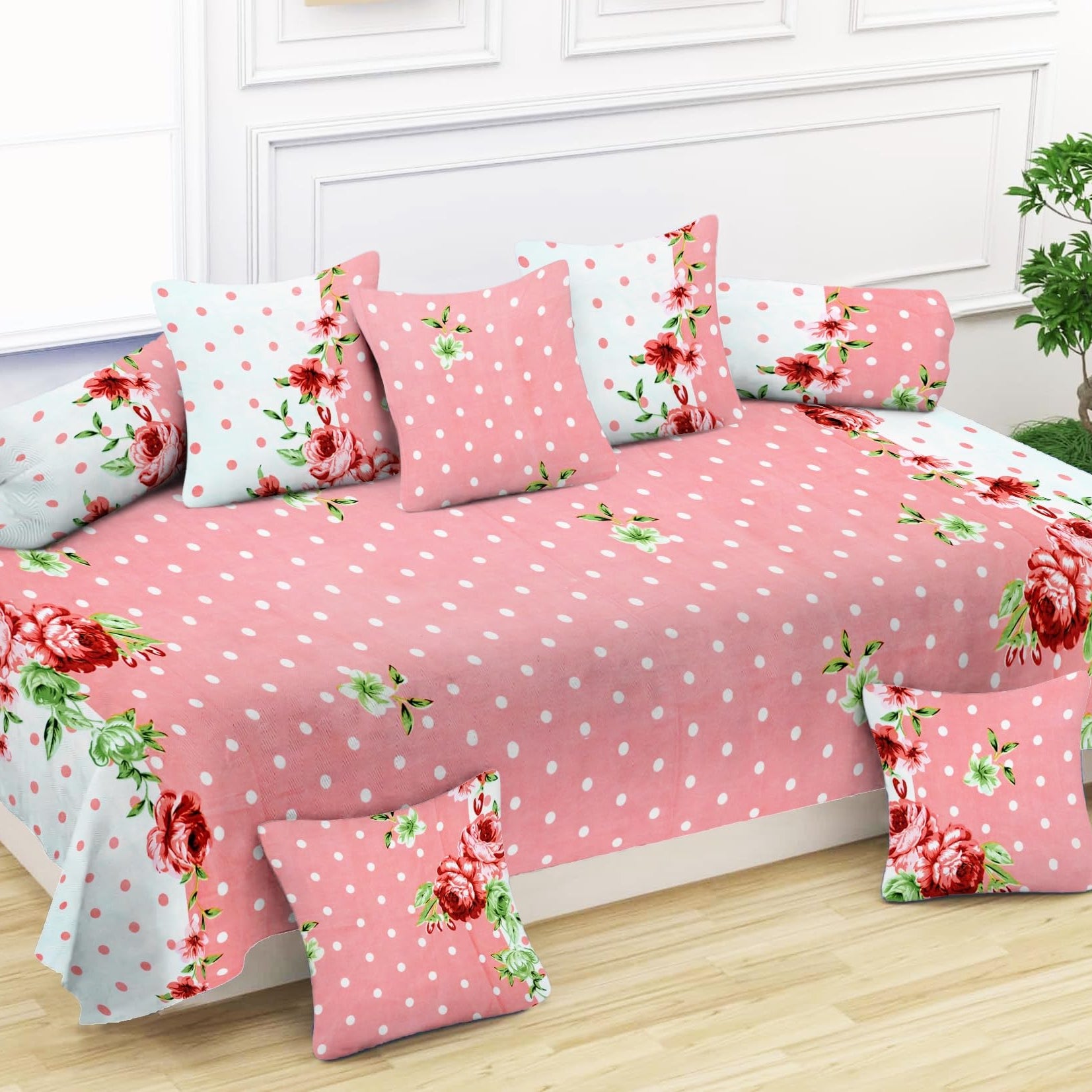 NUGGET 240 TC Printed Diwan Set Covers 8 Pieces, Pure Glace Cotton Designer Printed Standard Diwan Set (1 Single Bedsheet, 2 Bolster Covers, 5 Cushion Covers) (IK-110)