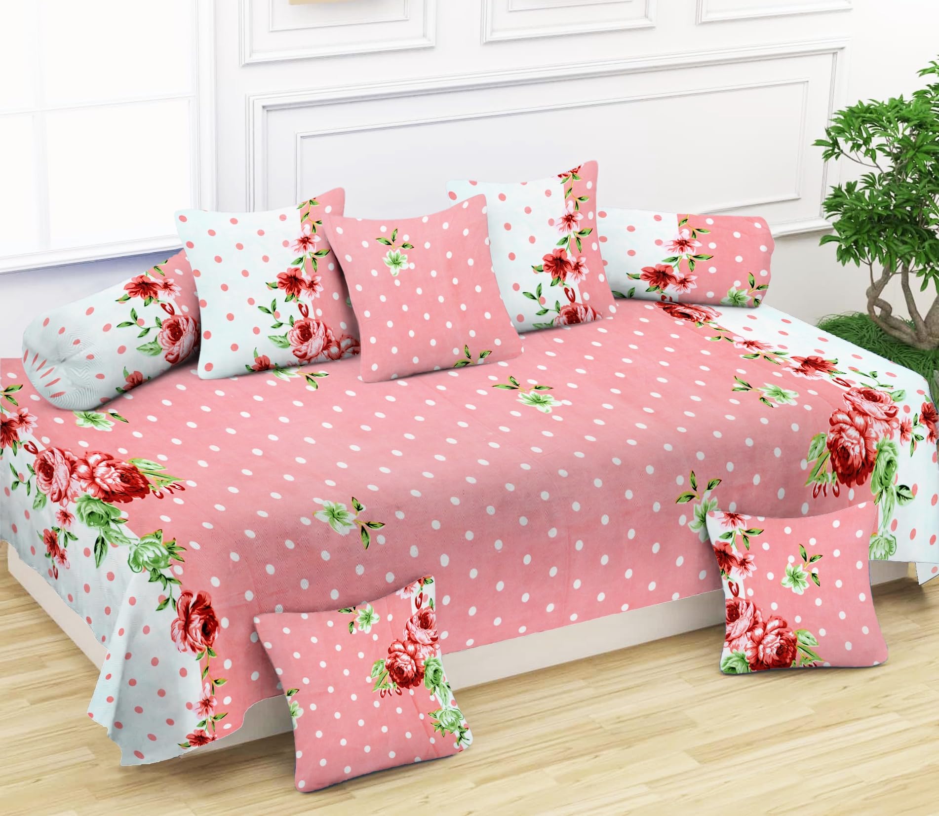 NUGGET 240 TC Printed Diwan Set Covers 8 Pieces, Pure Glace Cotton Designer Printed Standard Diwan Set (1 Single Bedsheet, 2 Bolster Covers, 5 Cushion Covers) (IK-110)