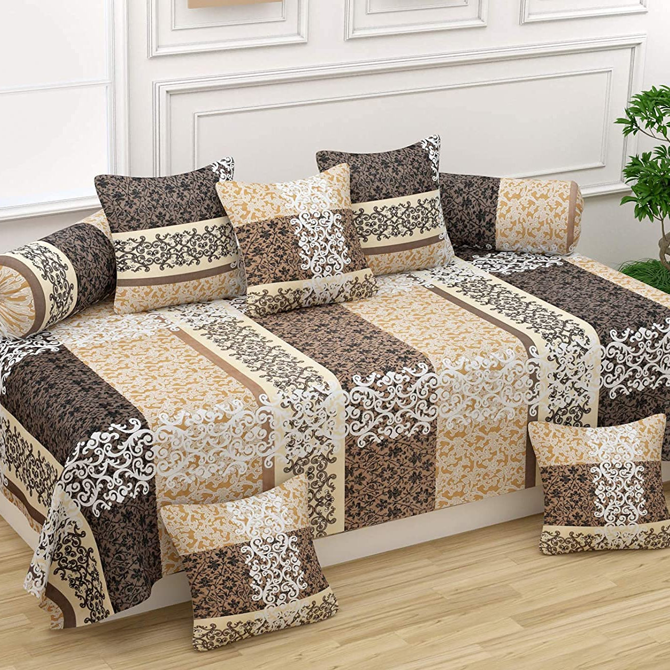 CLiDE Diwan Set Covers Cotton 8 Pieces Pure Cotton Designer Printed Standard Diwan Set (1 Single Bedsheet, 2 Bolster Covers, 5 Cushion Covers) (Jaipuri Print) (15)