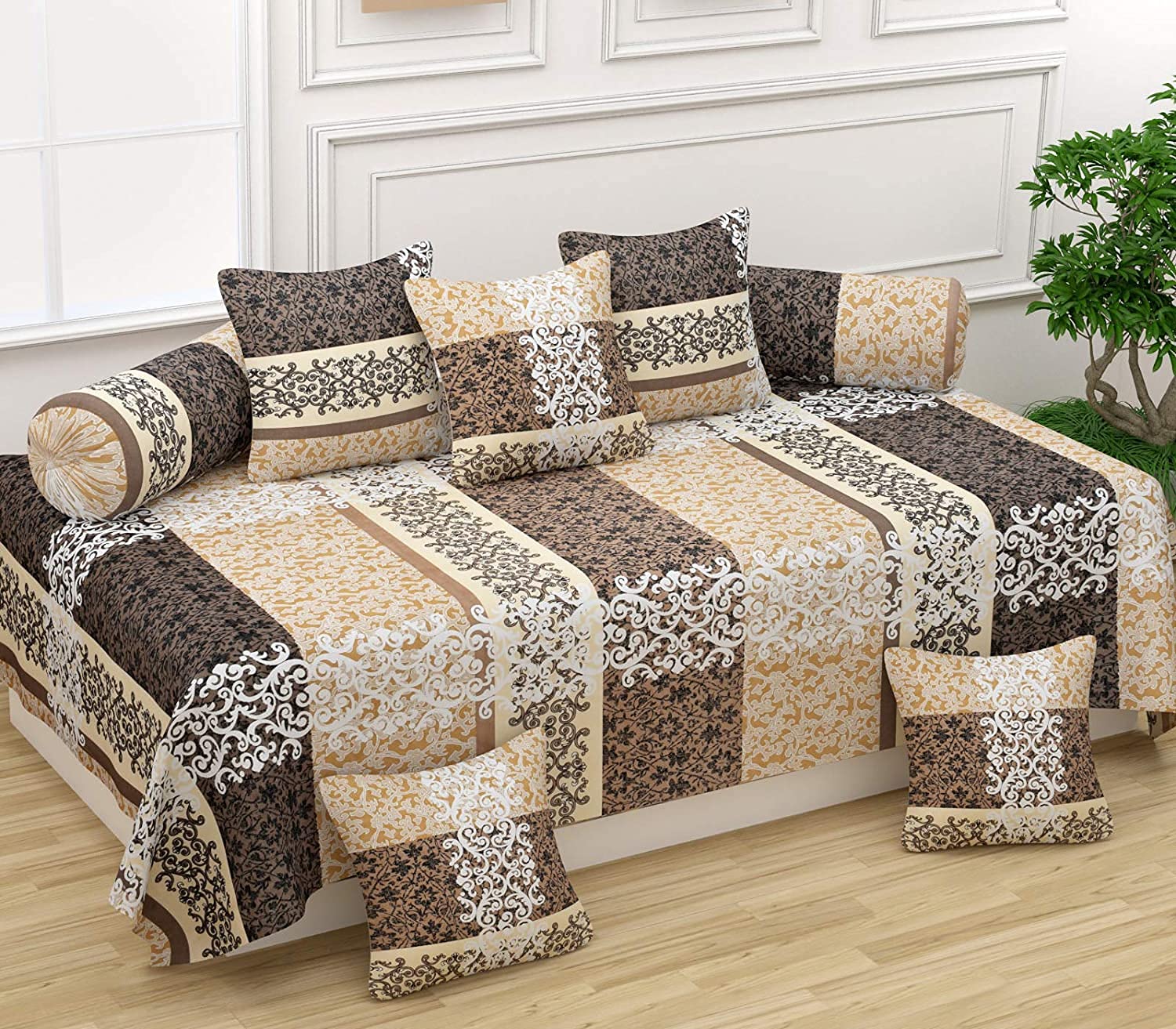 CLiDE Diwan Set Covers Cotton 8 Pieces Pure Cotton Designer Printed Standard Diwan Set (1 Single Bedsheet, 2 Bolster Covers, 5 Cushion Covers) (Jaipuri Print) (15)