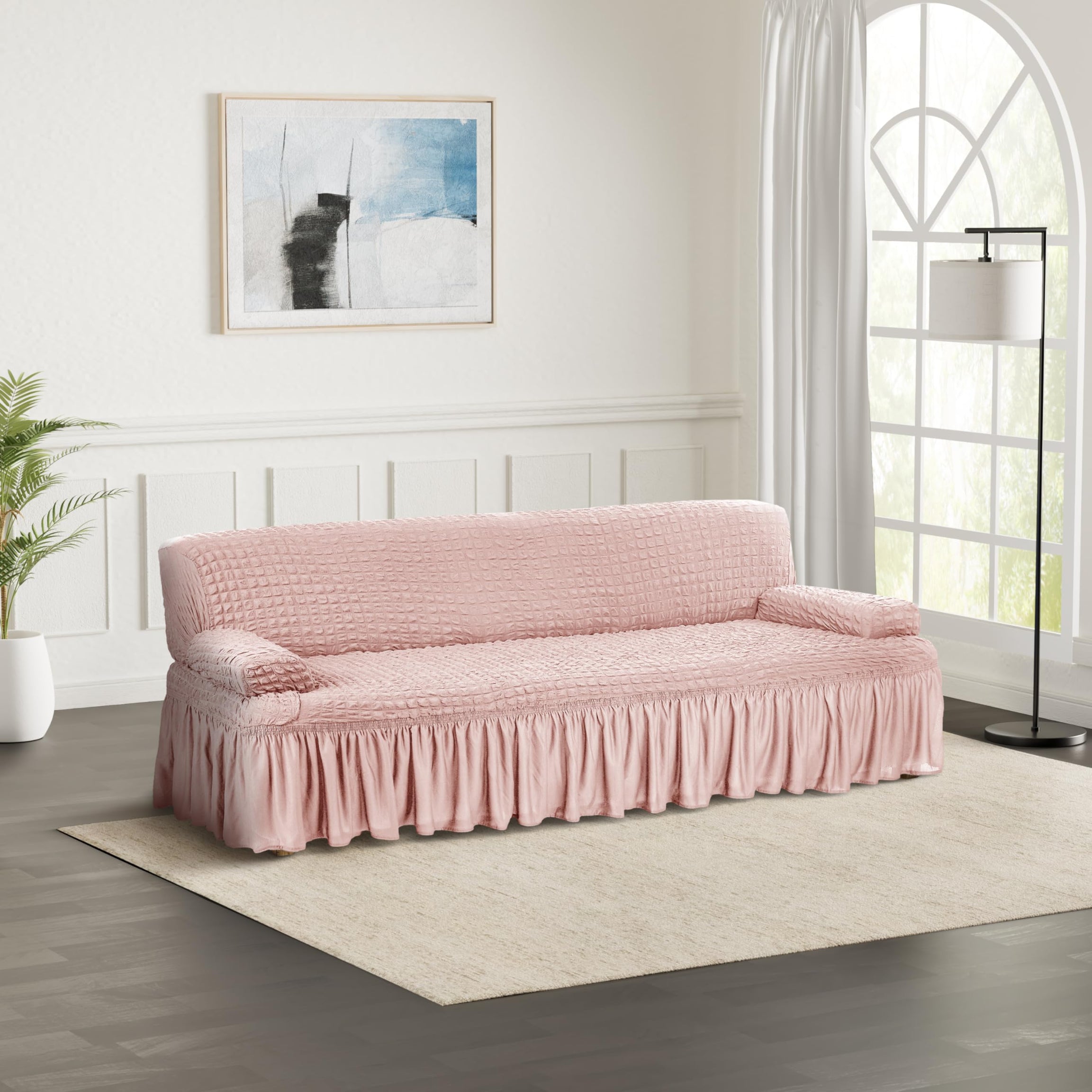 Amazon Brand - Solimo Bubble Sofa Cover with Skirt Polyester and Spandex Fabric | Three Seater (Pink)