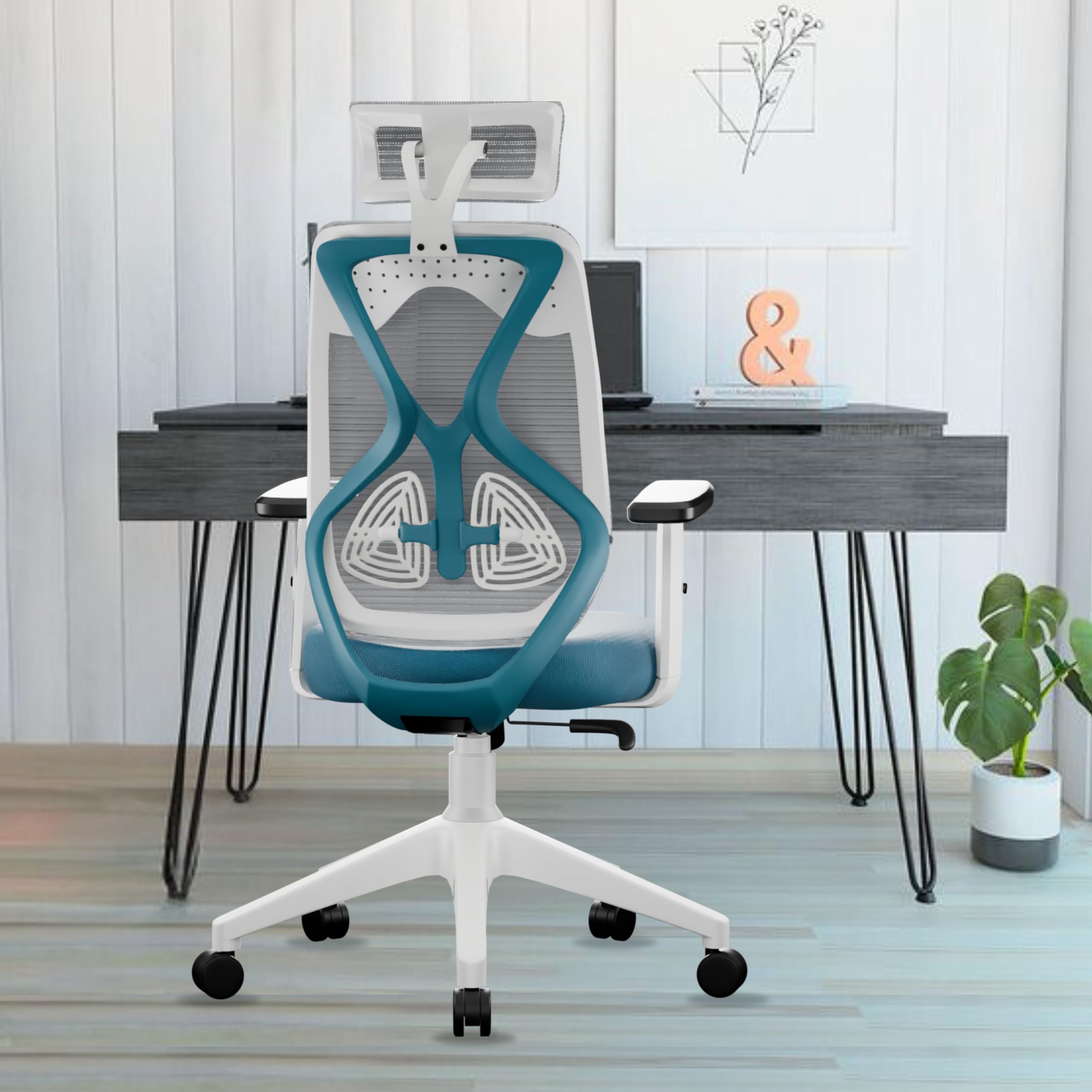 beAAtho DUSK Mesh High Back Office Chair/Study Chair/Computer Chair/Revolving Chair/Desk Chair for Work from Home Adjustable Arm, Lumbar, Height with 3 Years Warranty (Blue- White)