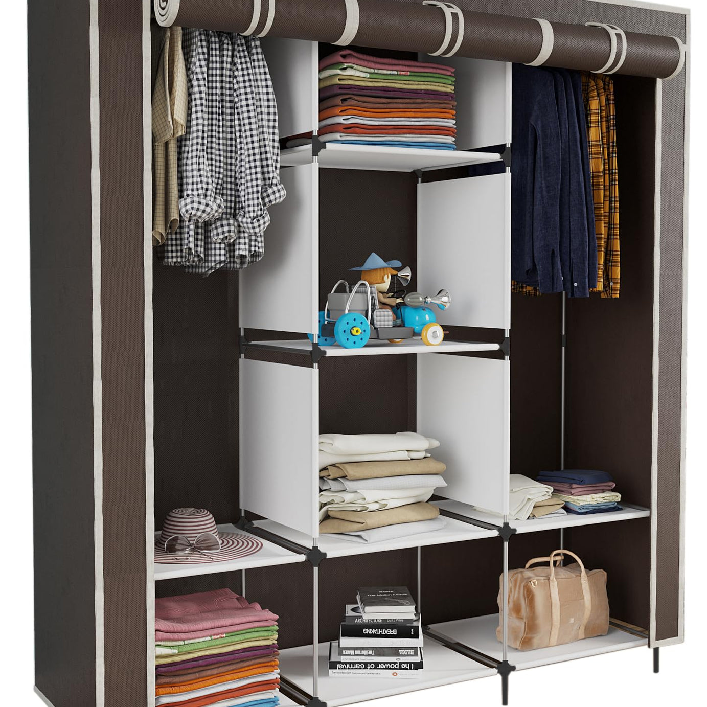 Maison & Cuisine Collapsible Wardrobe Portable Foldable Closet for Clothes Almira, 2 Hanging Space, 8 Shelves Non-Woven Fabric 90 GSM (Brown) 88230