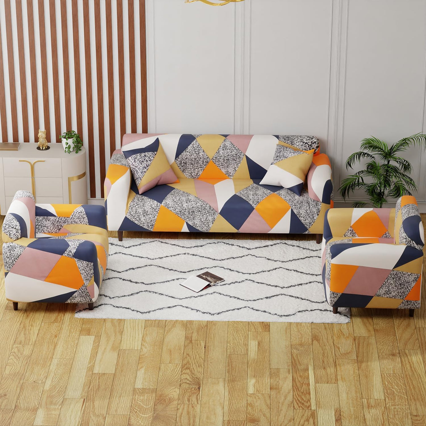 Gurnoor Sofa Cover One 3 Seater and Two 1 Seater Fully Covered Universal 5 Seater for Living Room Non-Slip Sticky Elastic Stretchable Couch Sofa Set Slipcover Protector(Triangle Orange)