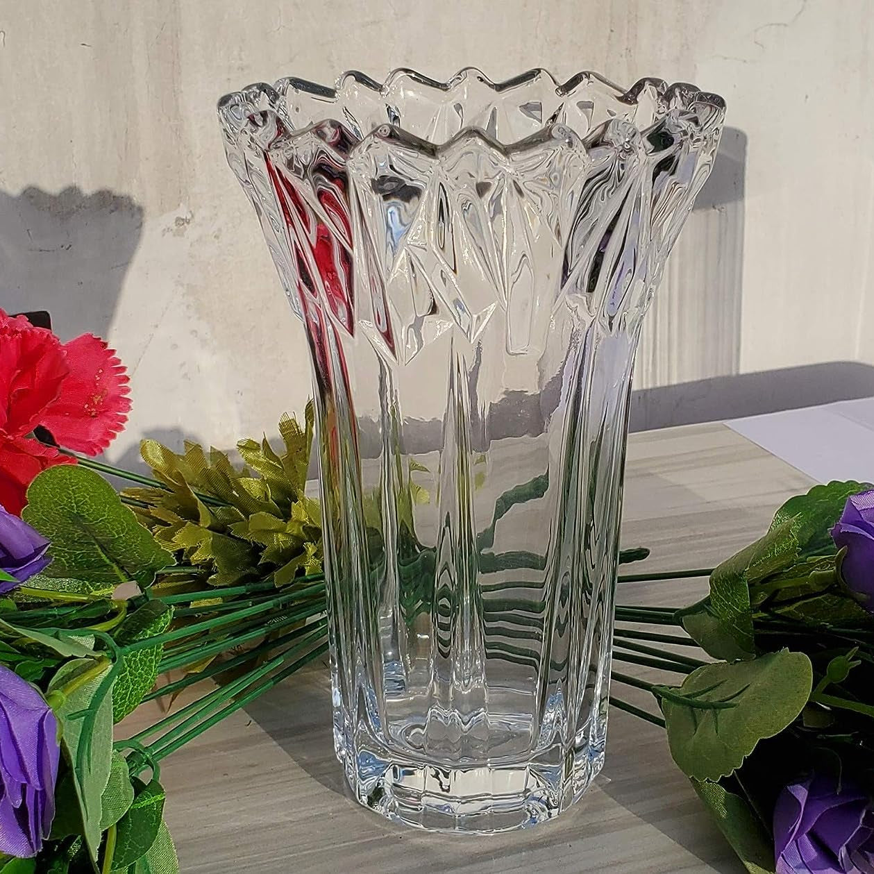 Pure Source India Glass Dimond Cut Flower Vase (Crystal Clear 9 Inch)