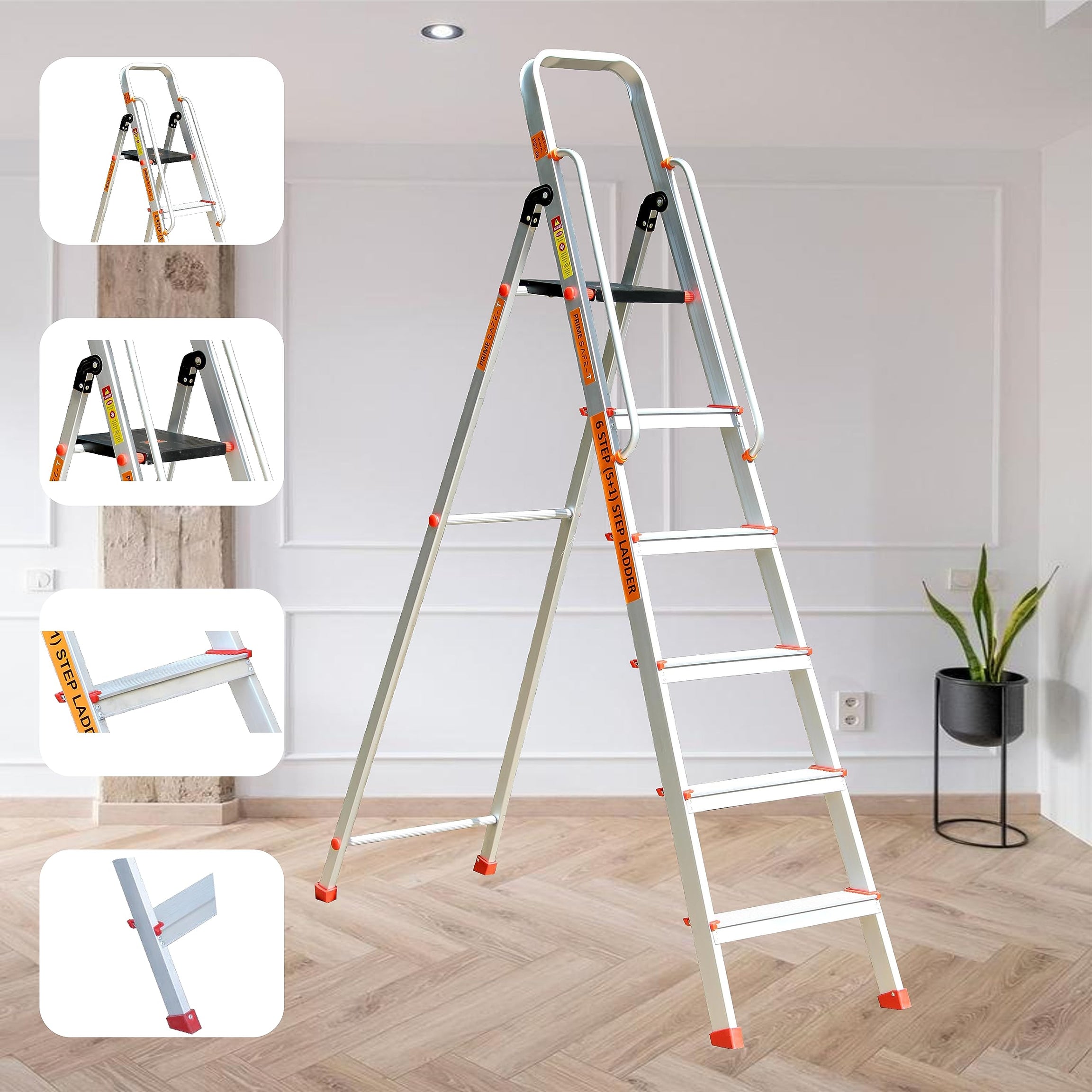 Prime Safe-T 6Step (5+1) Foldable Aluminium Ladder for Home and Office Use with Hand-Rails | Anti-Skid PVC Shoes | Garment Guards | Heavyduty Antiskid Platform