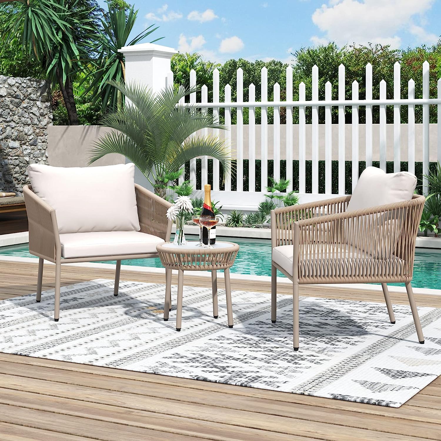 DRX Woven Rope Conversation Set, Rattan Couch Sofa Including 2 Single Chairs and Coffee Table, Suitable for Indoor, Outdoor, Balcony, Courtyard, Poolside, Lawn, Backyard, (White/Beige)