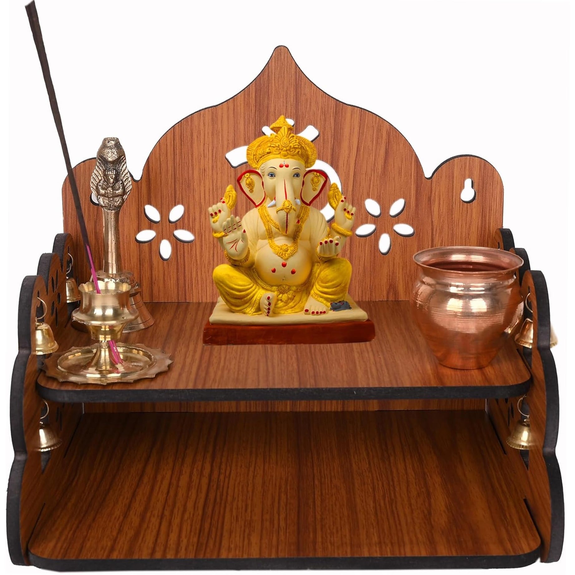 ZUPER Engineered Wood Hand Crafted Carved Pattern Home Temple for Idols Temple for Home and Office I OM Engraving | Set Top Box Stand I Wooden Mandir (Pack of 1) (Medium, Style36)