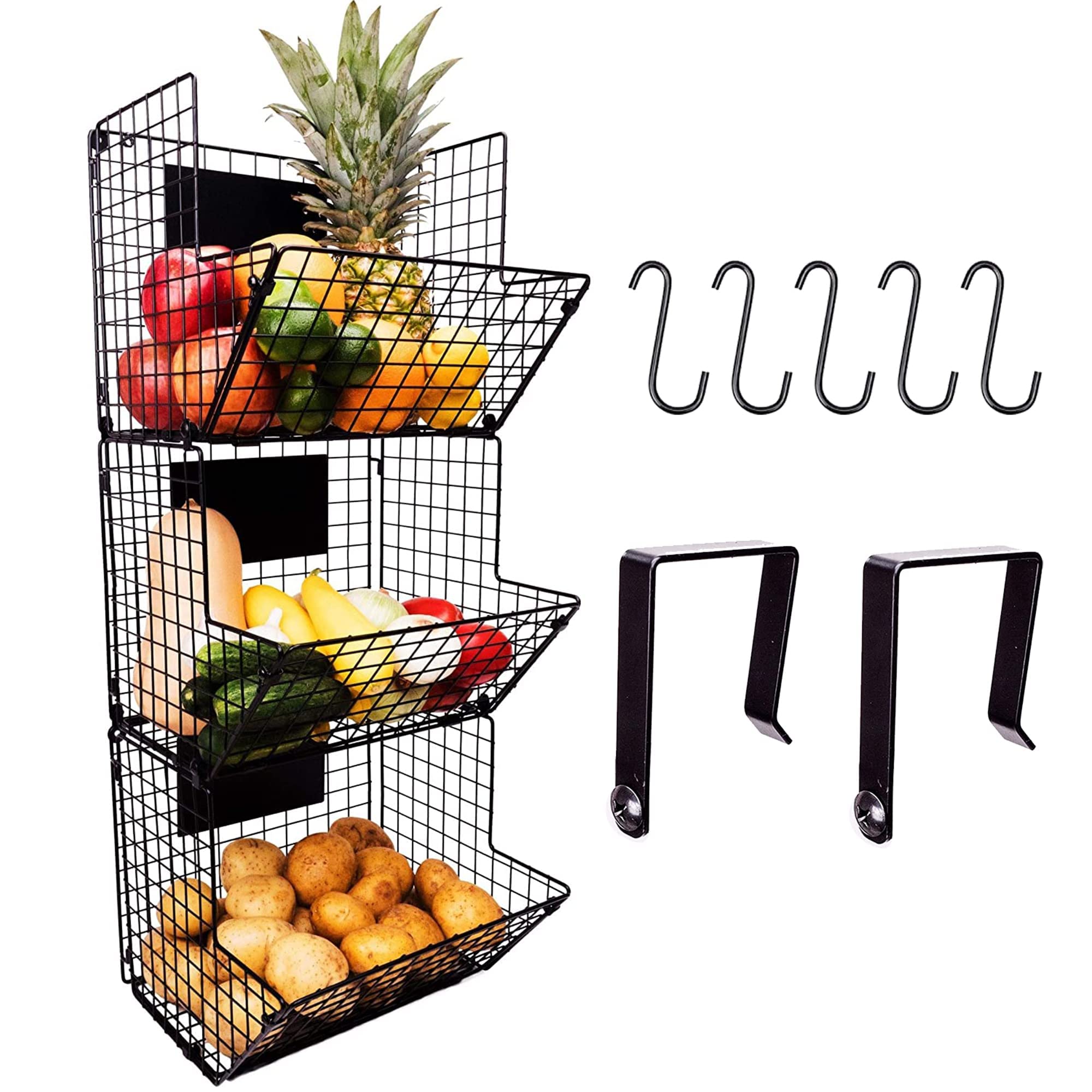 Culinary Couture Heavy Duty Iron Metal 3 Tier Hanging Wall Mounted Storage Bins Fruit and Pantry Organization Wire Basket with Adjustable Chalkboards and S-Hooks with Gift Box, Black