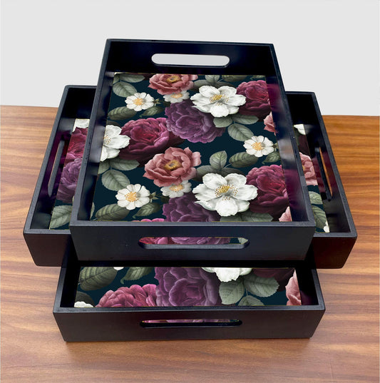 Enigmatic Woodworks Wooden Serving Trays with Handle I Set of 3 I Rectangular Tea Breakfast Platter I Bathroom Décor I Kitchen Bedroom Personal Tiered Tray Set (Black Rose)