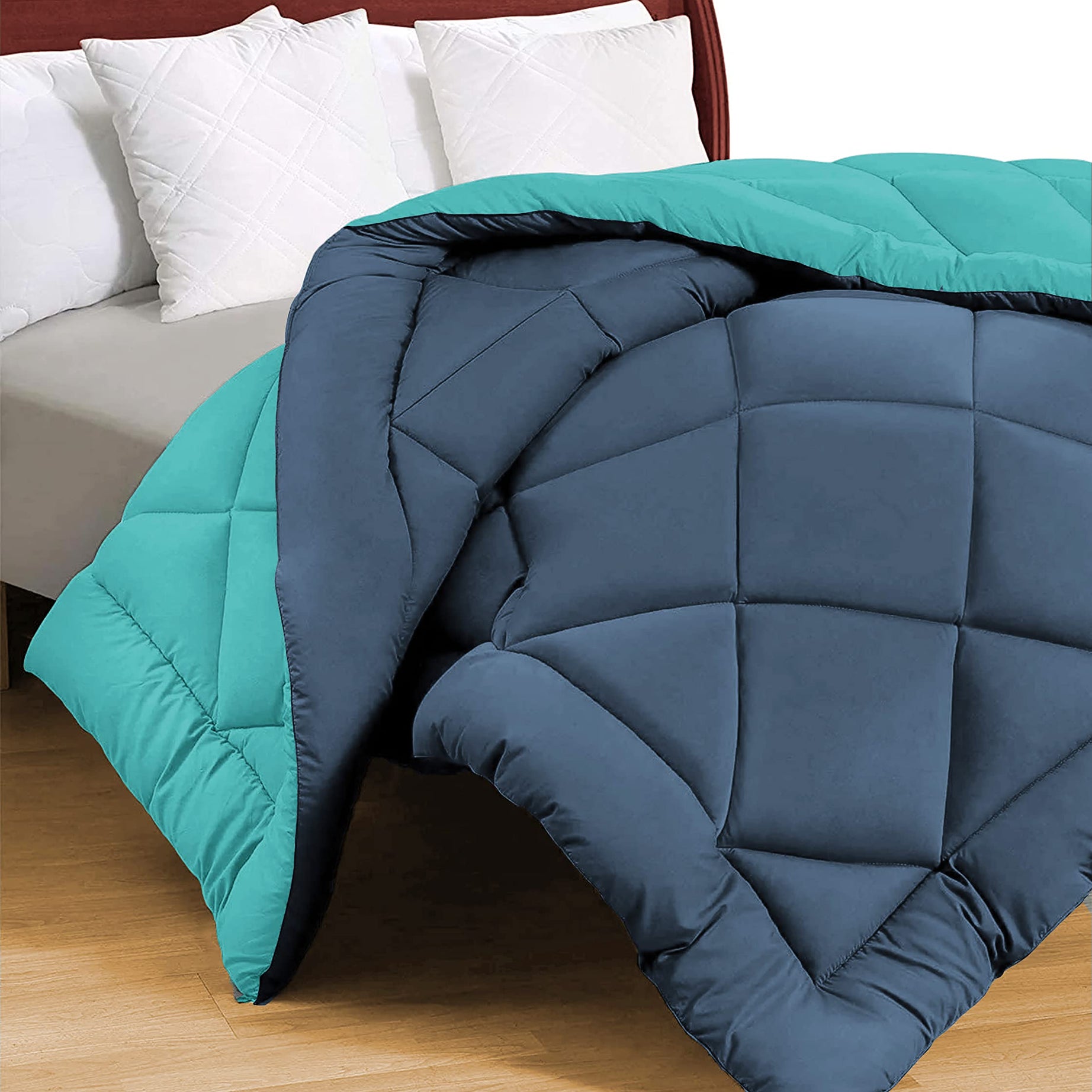 VAS COLLECTIONS Microfibre All Season/Monsoon Special Solid Reversible Single Bed Comforter Blanket | Quilt | Razai - (220 GSM, Teal and Blue) 220x150cm