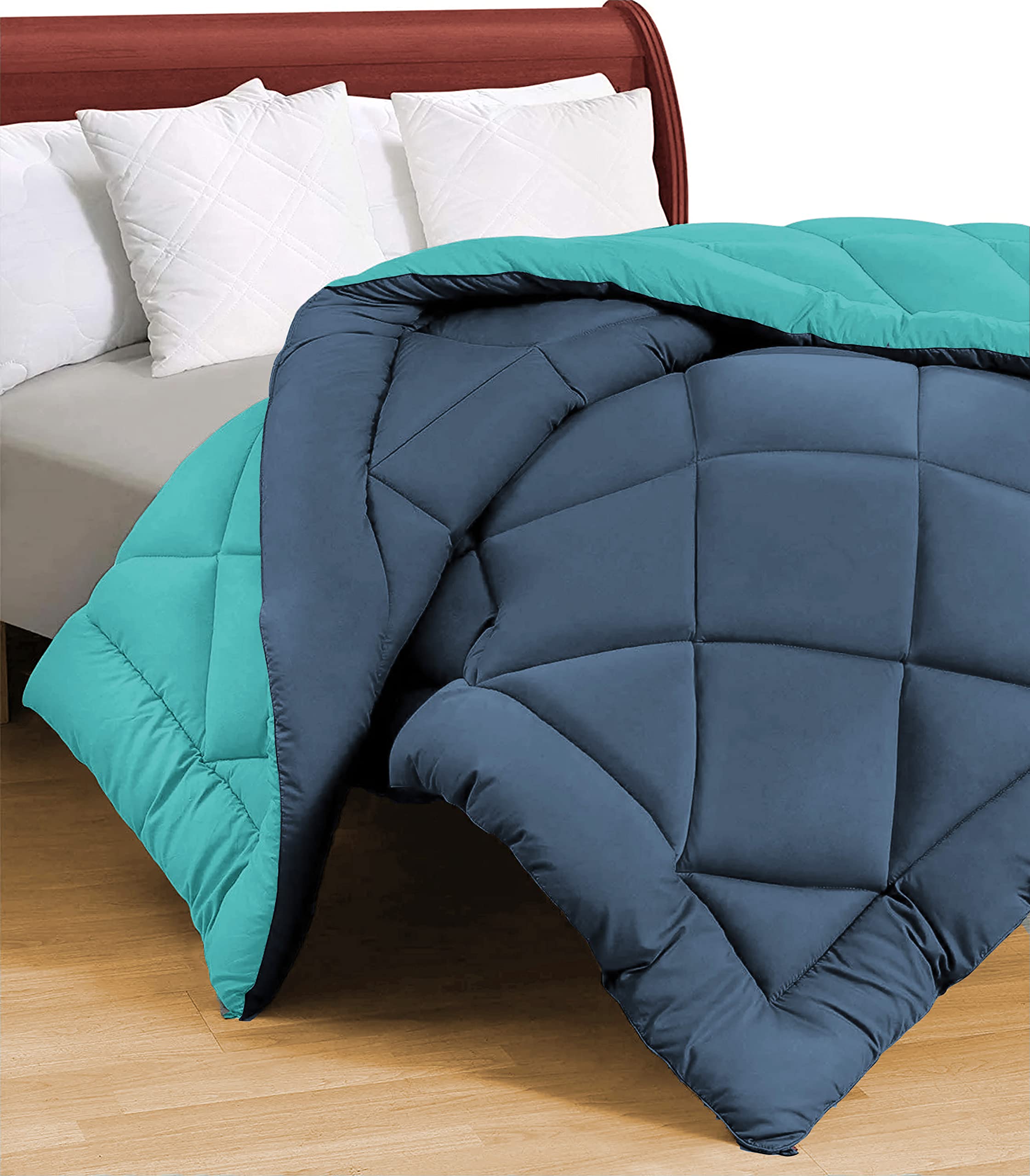 VAS COLLECTIONS Microfibre All Season/Monsoon Special Solid Reversible Single Bed Comforter Blanket | Quilt | Razai - (220 GSM, Teal and Blue) 220x150cm