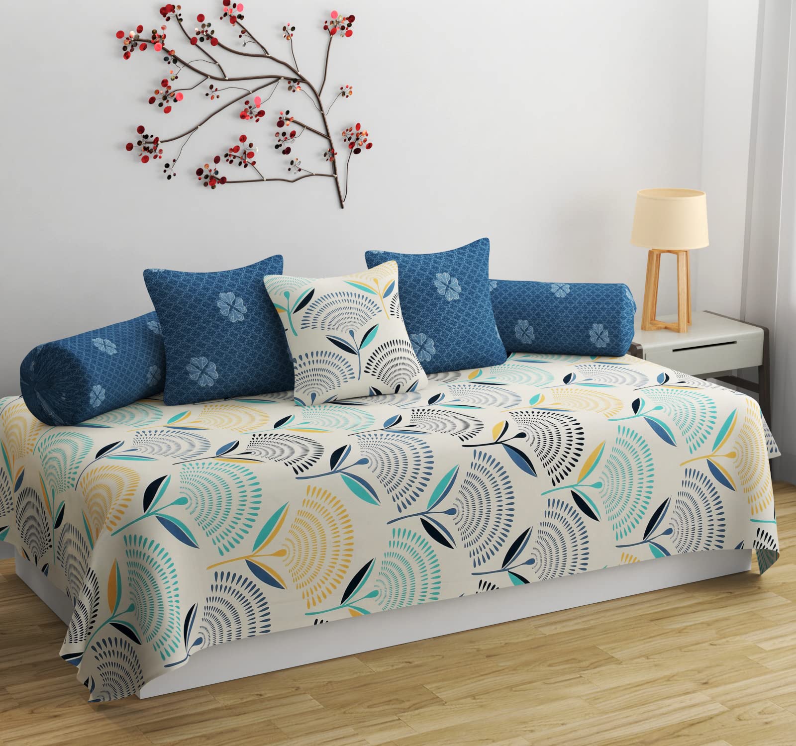 SHOMES Pure Cotton Printed Diwan Set Covers 6 Pieces for Living Room - 1 Single Bed Sheet with 3 Cushion Covers, 2 Bolster Covers - Color Cream Blue, Size Standard (Set of 6 Pcs)