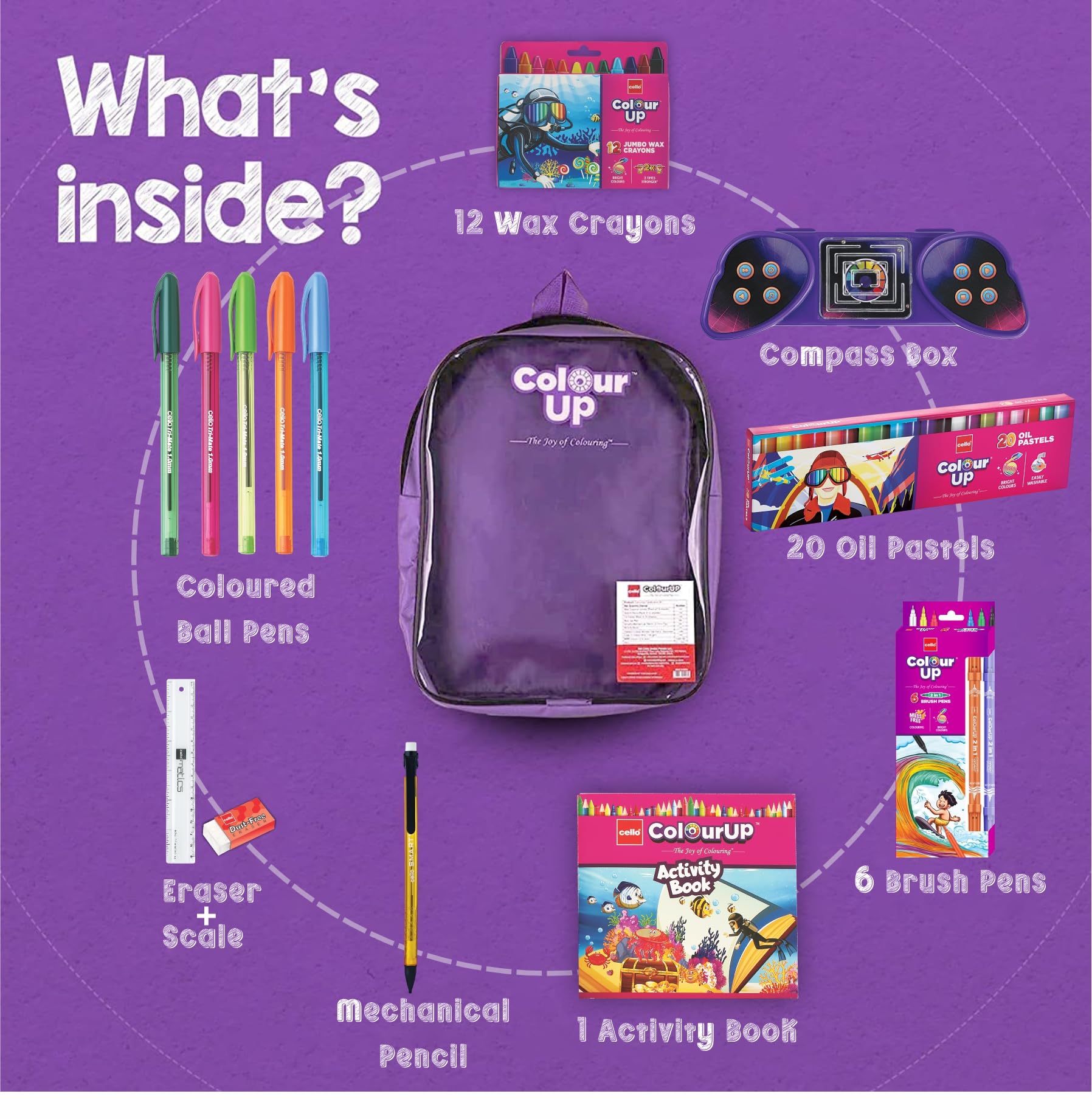 Cello ColourUp Hobby Bag | Colouring Kit includes Crayons, Colour Pencils, Sketch Pens & Activity Book | Travel Friendly Back Pack Bag | Ideal for Kids Gifting, Assorted