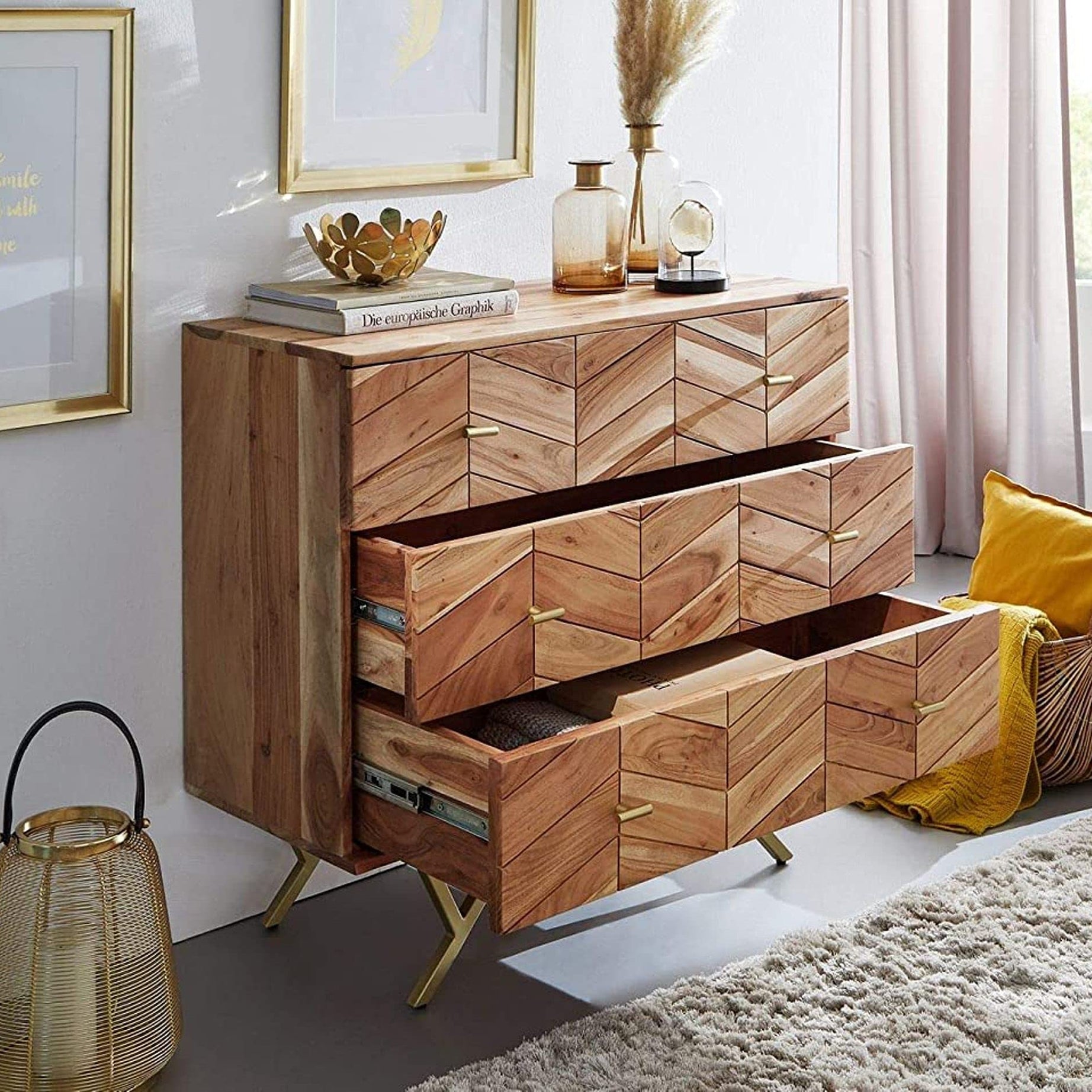 INMARWAR Chest of Drawers for Storage Wooden | 3 Drawers Cabinet for Bedroom/Living/Drawing Room | Solid Wood Acacia & Carbon Steel, Natural & Golden