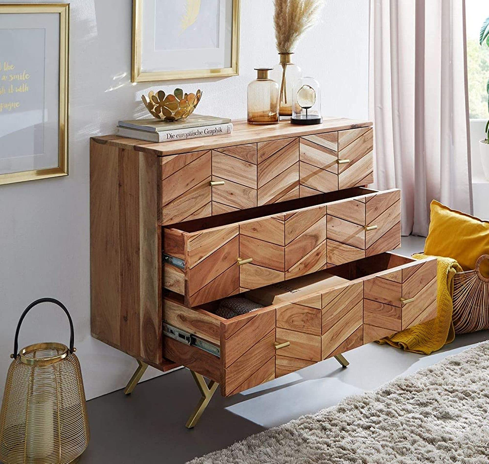 INMARWAR Chest of Drawers for Storage Wooden | 3 Drawers Cabinet for Bedroom/Living/Drawing Room | Solid Wood Acacia & Carbon Steel, Natural & Golden