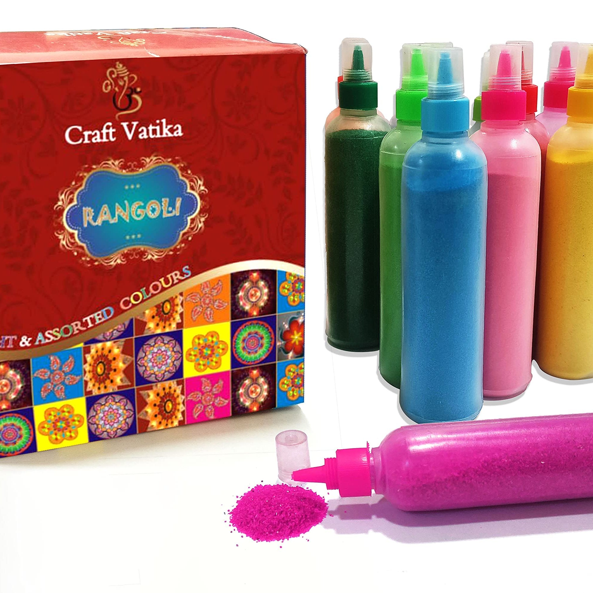 CraftVatika 12 Rangoli Colour Powder Tube Kit, Diwali Decoration Items Bottles Tool Floor Art Rang for Home Navratri Pongal Pooja Mandir Decor (Pack of 12) (1 Box- 12 Bottle)