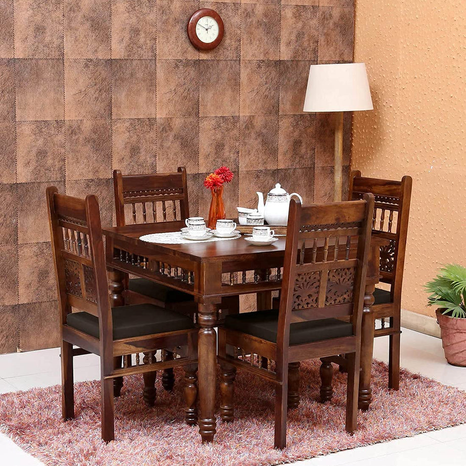 Furnisquare Solid Sheesham Wood Traditional Dining Table 4 Seater | Four Seater Dinning Table with Four Chairs with Cushion for Home | Dining Room Sets for Restaurants & Cafe | Dark Brown